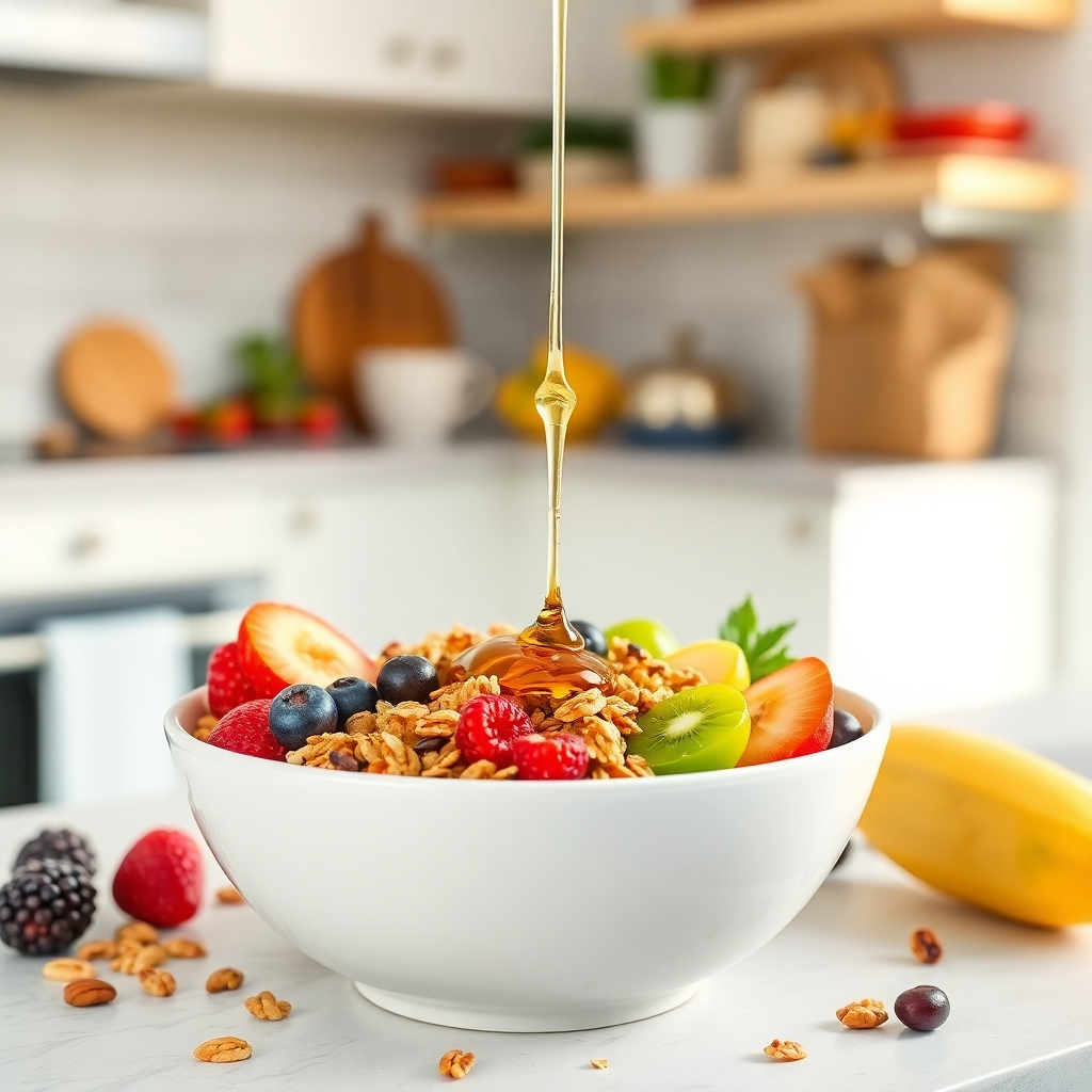 Crea una imagen fotorrealista de un tazón de desayuno vibrante y saludable. El tazón debe estar lleno de frutas coloridas, granola, nueces y semillas, con un chorrito de miel por encima. El fondo debe ser una cocina luminosa y espaciosa. La iluminación debe ser natural y acogedora, resaltando la frescura de los ingredientes. Enfócate en las texturas y los colores para que el tazón se vea apetitoso y energizante. Referencia de estilo: Fotografía gastronómica. Especificaciones técnicas: Resolución 4K, alta calidad.