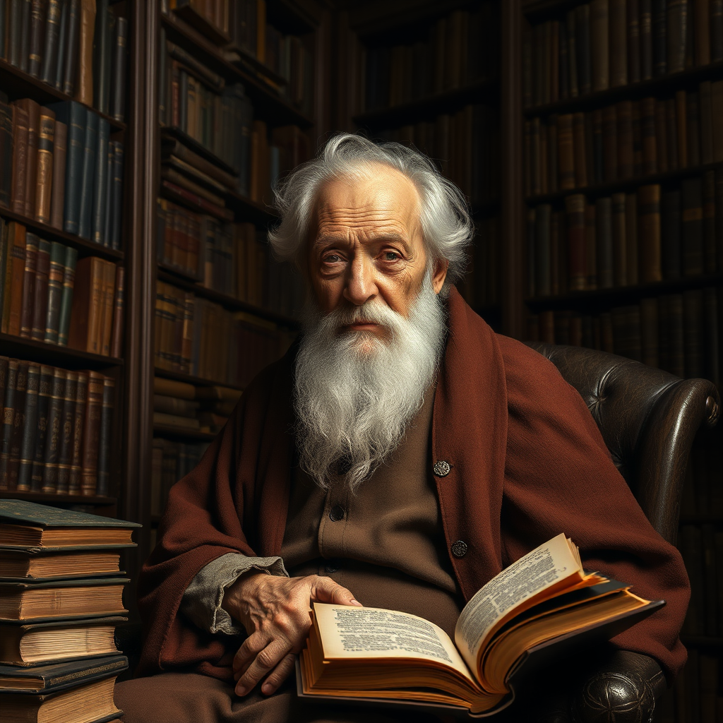  Crea una imagen fotorrealista de un sabio erudito anciano sentado en una biblioteca llena de textos antiguos, transmitiendo una sensación de sabiduría atemporal. Usa iluminación estilo Rembrandt para resaltar el rostro del erudito. Resolución 4K.