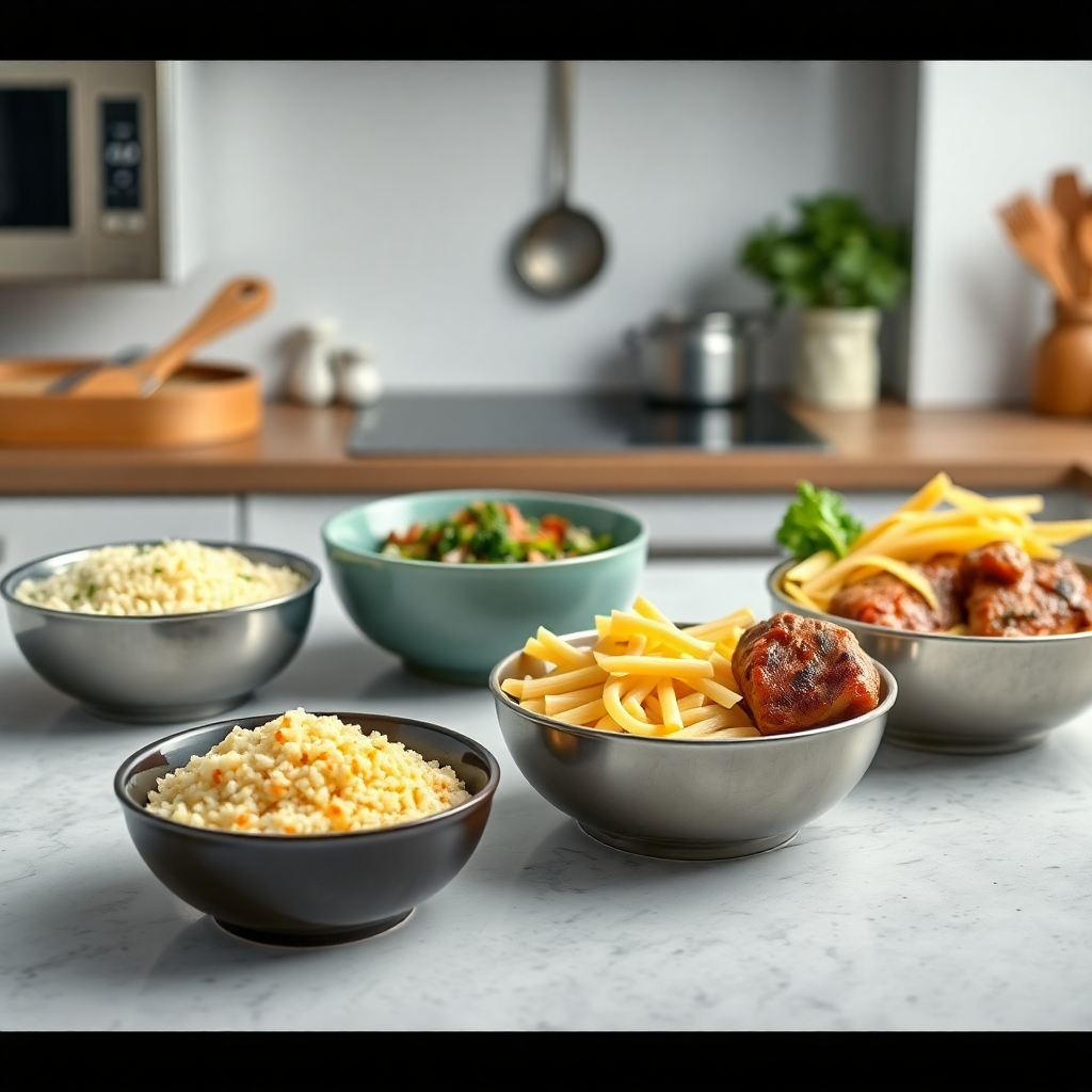 Crea una imagen fotorrealista de diferentes tamaños de porciones de alimentos (p. ej., arroz, pasta, carne) medidos en tazones. El fondo debe ser una cocina limpia y ordenada. La composición debe ilustrar claramente el concepto de control de porciones. Referencia de estilo: Fotografía gastronómica. Especificaciones técnicas: Resolución 4K, alta calidad.