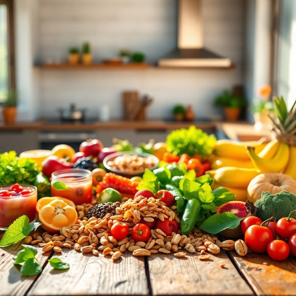 Crea una imagen de encabezado fotorrealista y de altísima calidad para "RECETAS SALUDABLES". La imagen debe presentar una vibrante y colorida variedad de ingredientes frescos y saludables, como frutas, verduras, frutos secos y semillas, dispuestos artísticamente sobre una mesa rústica de madera. La luz del sol entra a raudales por una ventana cercana, proyectando sombras cálidas y acogedoras. Al fondo, una cocina moderna y limpia se ve ligeramente difuminada. Enfócate en las texturas y colores de los ingredientes, resaltando su frescura. La composición debe ser equilibrada y visualmente atractiva, atrayendo la atención del espectador hacia la abundancia de opciones saludables. Usa una profundidad de campo reducida para crear una sensación de profundidad y enfoque. El ambiente general debe ser brillante, alegre y apetitoso. Referencia de estilo: fotografía de alimentos con luz natural. Especificaciones técnicas: Resolución 8K, detalle hiperrealista.
