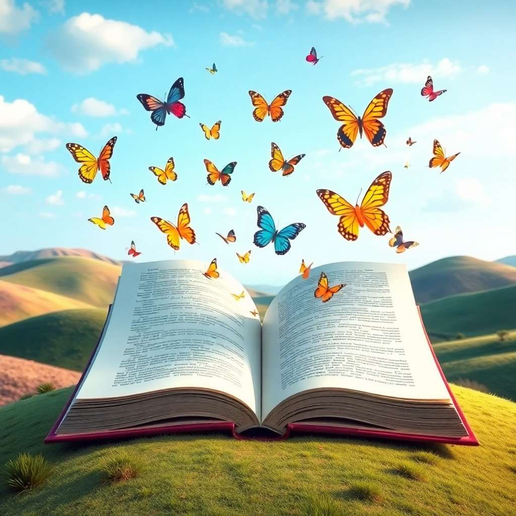  Crea una imagen surrealista que representa un flujo infinito de ideas. La escena presenta un libro gigante abierto del que surgen ideas como mariposas. Cada mariposa representa un concepto único y creativo. El libro se sitúa en un paisaje encantador con colinas ondulantes y un cielo azul despejado. El estilo debe ser onírico e imaginativo, con una paleta de colores vibrantes. Utilice una iluminación suave para crear una sensación de asombro e inspiración. Añade detalles de textura al libro ya las mariposas para realzar el atractivo visual. La composición debe enfatizar la abundancia de ideas y el potencial creativo.