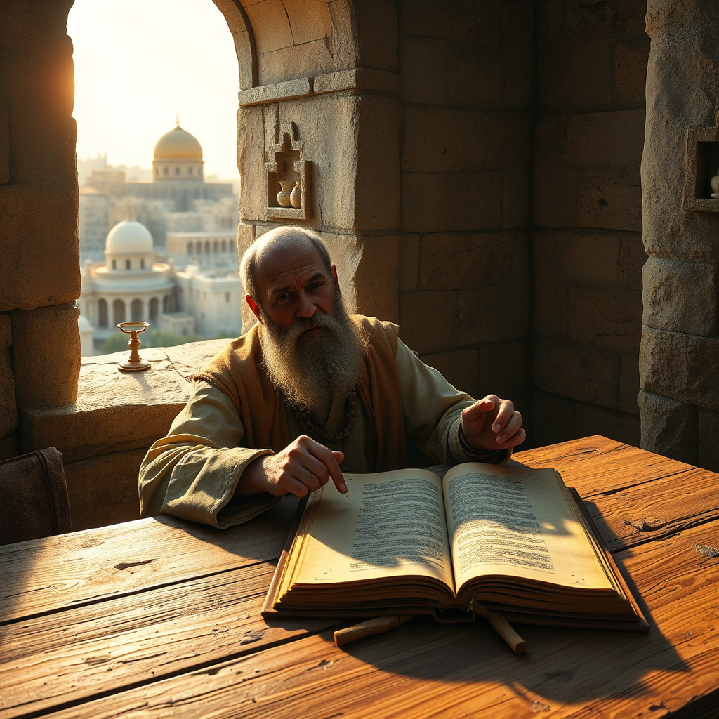 Cree una imagen fotorrealista hiperrealista de 8K para "EL TIEMPO DE DIOS", una iglesia centrada en la historia bíblica desde un contexto hebreo. Represente a un antiguo erudito hebreo sentado en una mesa de madera desgastada, iluminado por una luz suave y cálida que se filtra a través de una ventana de piedra. Estudia un rollo de la Torá, con el rostro impregnado de sabiduría y contemplación. El fondo muestra un paisaje urbano de la antigua Jerusalén al amanecer, con el Monte del Templo sutilmente visible. Utilice una paleta de colores en tonos tierra (ocre, marrón y dorado) para transmitir antigüedad y autenticidad. Enfatice las texturas: el pergamino de la Torá, la piedra tosca del edificio, las manos y la vestimenta envejecidas del erudito. El ángulo de la cámara debe ser ligeramente bajo, mirando hacia arriba para transmitir una sensación de reverencia. Esta imagen debe evocar una sensación de sabiduría atemporal y conexión con las tradiciones antiguas. Referencia de estilo: combine la iluminación estilo Rembrandt con detalles hiperrealistas.