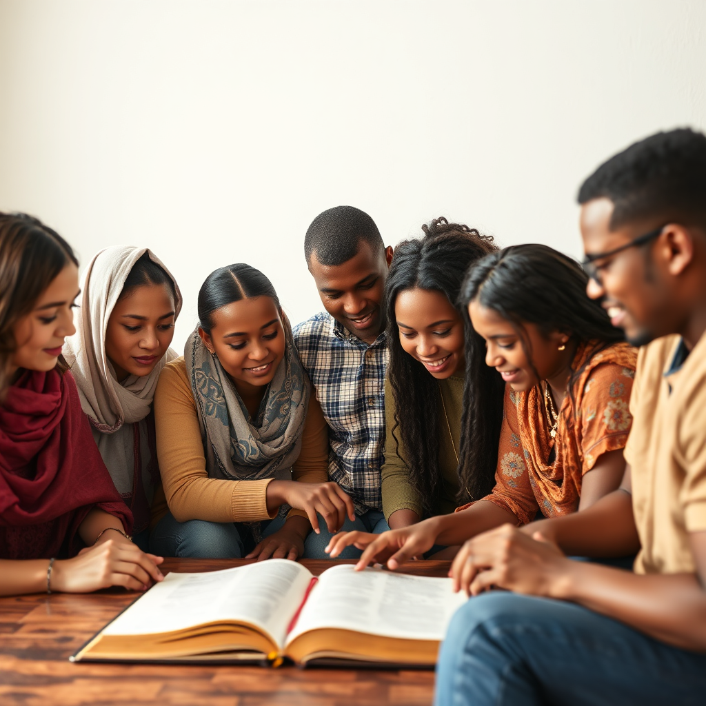  Crea una imagen de un grupo diverso de personas estudiando la Biblia juntas, fomentando un sentido de comunidad y aprendizaje. Resolución 4k.