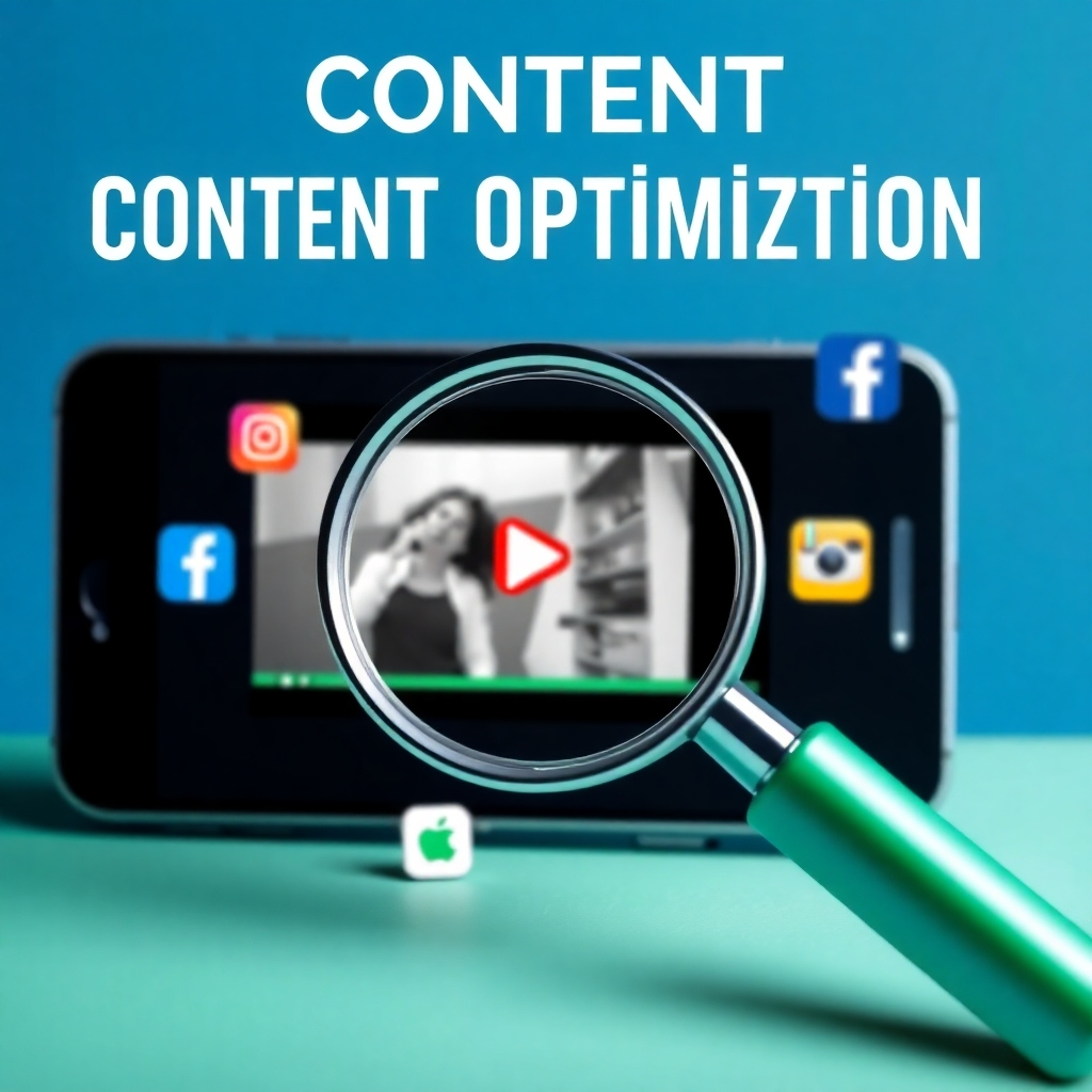 Crea una imagen que represente la optimización del contenido. La escena muestra una lupa enfocando un video, revelando detalles ocultos y mejoras. El vídeo se muestra en la pantalla de un teléfono inteligente, rodeado de iconos de redes sociales. El estilo debe ser moderno y analítico, con énfasis en la mejora continua. La paleta de colores se compone de azules, verdes y grises, con toques de colores brillantes para resaltar los elementos clave del vídeo. La iluminación debe centrarse en el video y la lupa, enfatizando su importancia en el proceso de optimización.