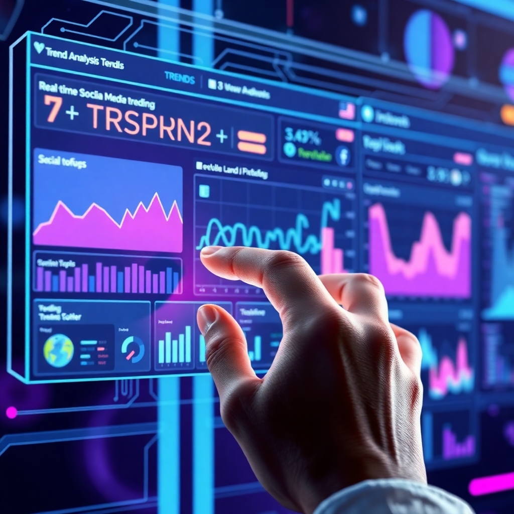 Crea una imagen que represente un análisis de tendencias. La escena presenta una interfaz futurista que muestra las tendencias de las redes sociales en tiempo real, con gráficos y tablas que resaltan temas y hashtags populares. Una mano interactúa con la interfaz y analiza los datos. El estilo debe ser moderno y tecnológico, con énfasis en los datos y la información. La paleta de colores se compone de azules, morados y grises, con toques de colores brillantes para resaltar las tendencias clave. La iluminación debe centrarse en la interfaz, enfatizando su importancia en el proceso de análisis de tendencias.