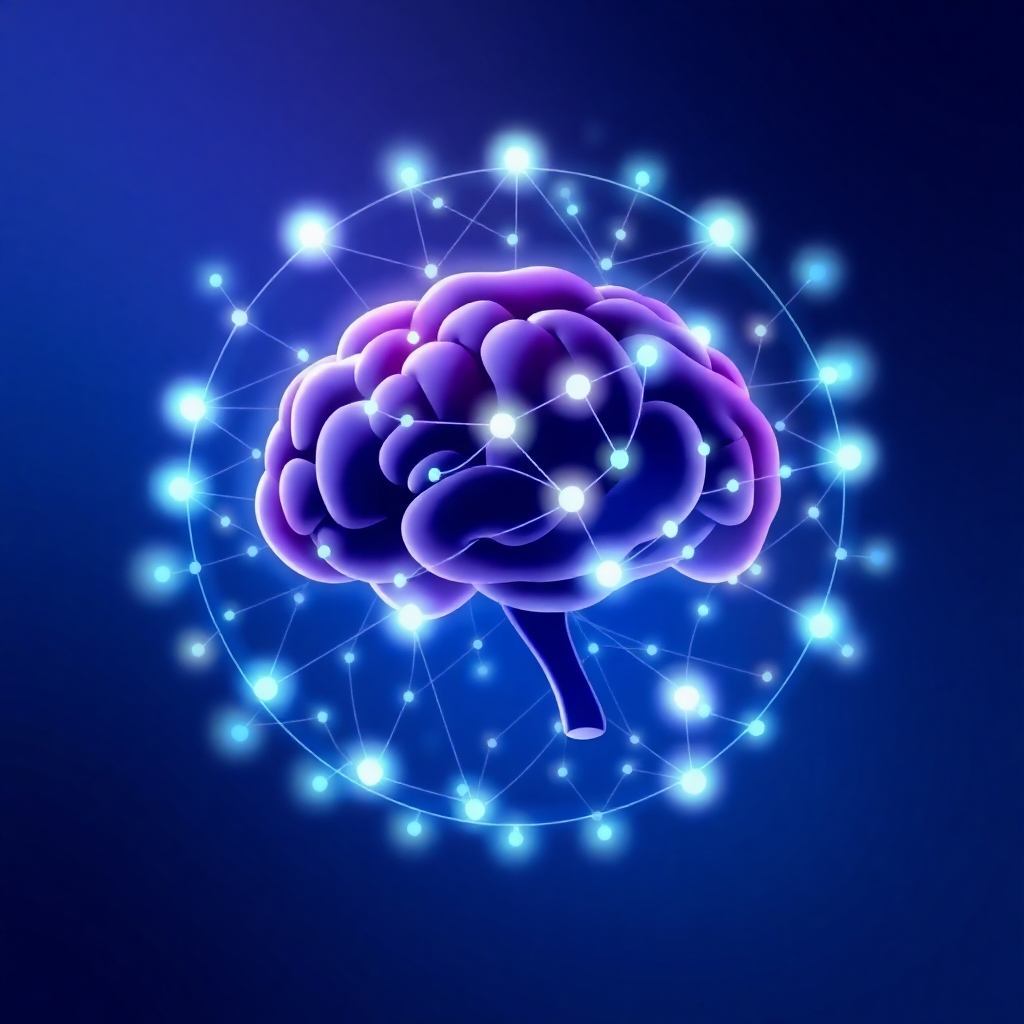 Crea una imagen que represente los algoritmos que te beneficiarán. Visualiza un cerebro humano estilizado rodeado de nodos y líneas interconectadas, representando una red neuronal. Los nodos brillan y vibran con energía, simbolizando el flujo de datos e información. El fondo es un degradado de azul oscuro a azul claro, que representa la complejidad y claridad de los algoritmos. El estilo debe ser moderno y tecnológico, con un enfoque en la representación abstracta. La paleta de colores se compone de azules, morados y toques de verde neón para representar la IA y la tecnología. La iluminación debe centrarse en la red neuronal, enfatizando su importancia para comprender los algoritmos.