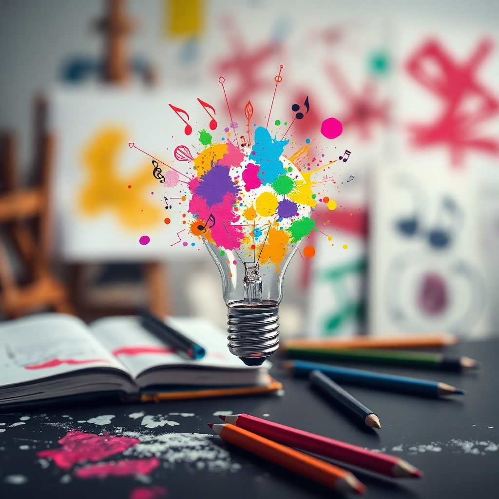 Crea una imagen que simbolice contenido creativo y original. La escena presenta una bombilla que rebosa de ideas vibrantes y coloridas en forma de salpicaduras de pintura, notas musicales y formas abstractas. La bombilla está colocada sobre un escritorio con un cuaderno de dibujo y lápices, lo que representa el proceso creativo. El fondo es un estudio difuminado, lo que crea una sensación de expresión artística. El estilo debe ser artístico e imaginativo, con el objetivo de transmitir creatividad y originalidad. La paleta de colores consta de una amplia gama de colores vibrantes que reflejan la diversidad de ideas. La iluminación debe centrarse en la bombilla, enfatizando su importancia para generar contenido creativo.