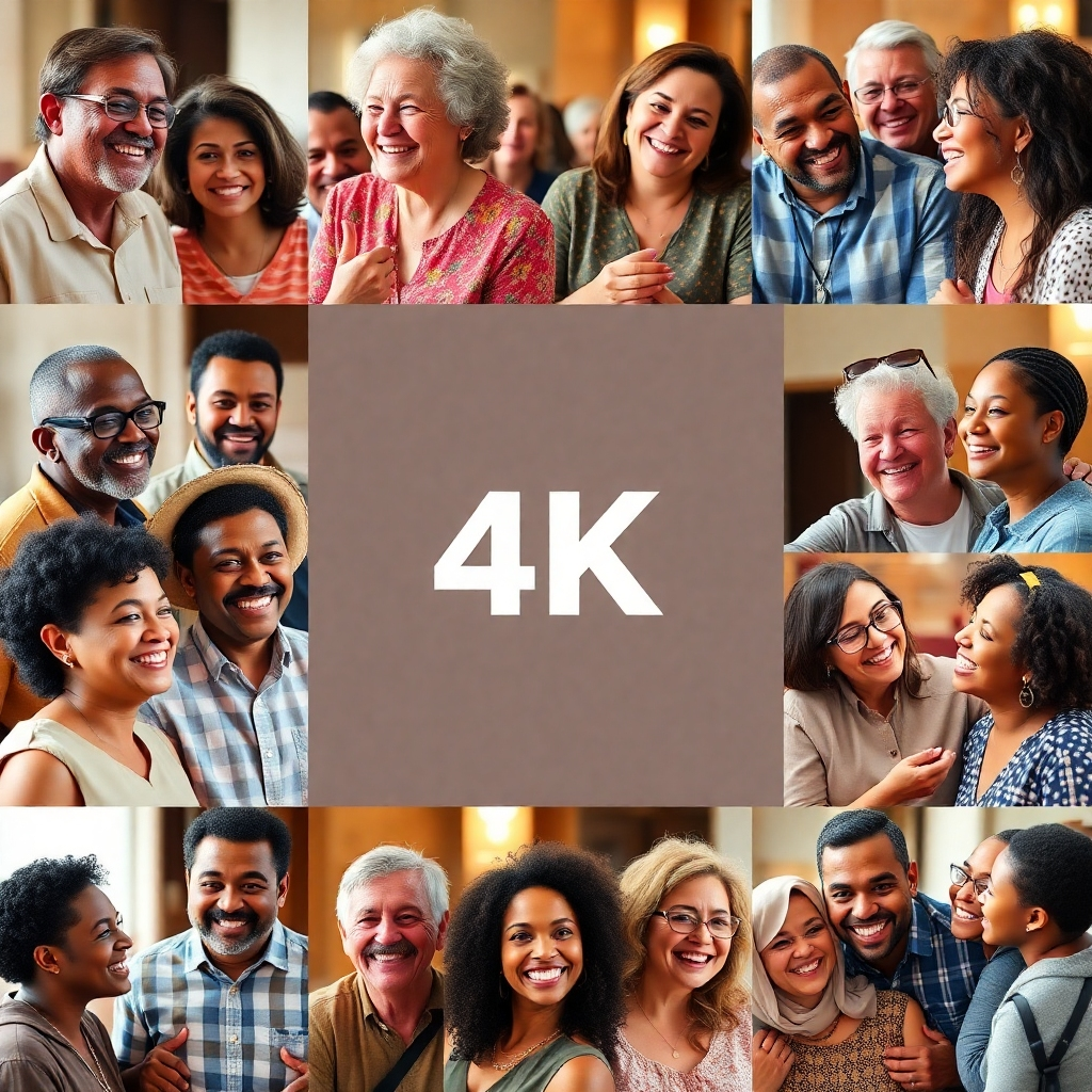 Imagen que muestra varias fotografías de diferentes miembros de la comunidad de la iglesia, sonriendo, interactuando y disfrutando de la comunión juntos. Utilice una paleta de colores cálida y acogedora, asegurándose de que las fotografías capturen una variedad de grupos de edades y etnias. Resolución 4K.