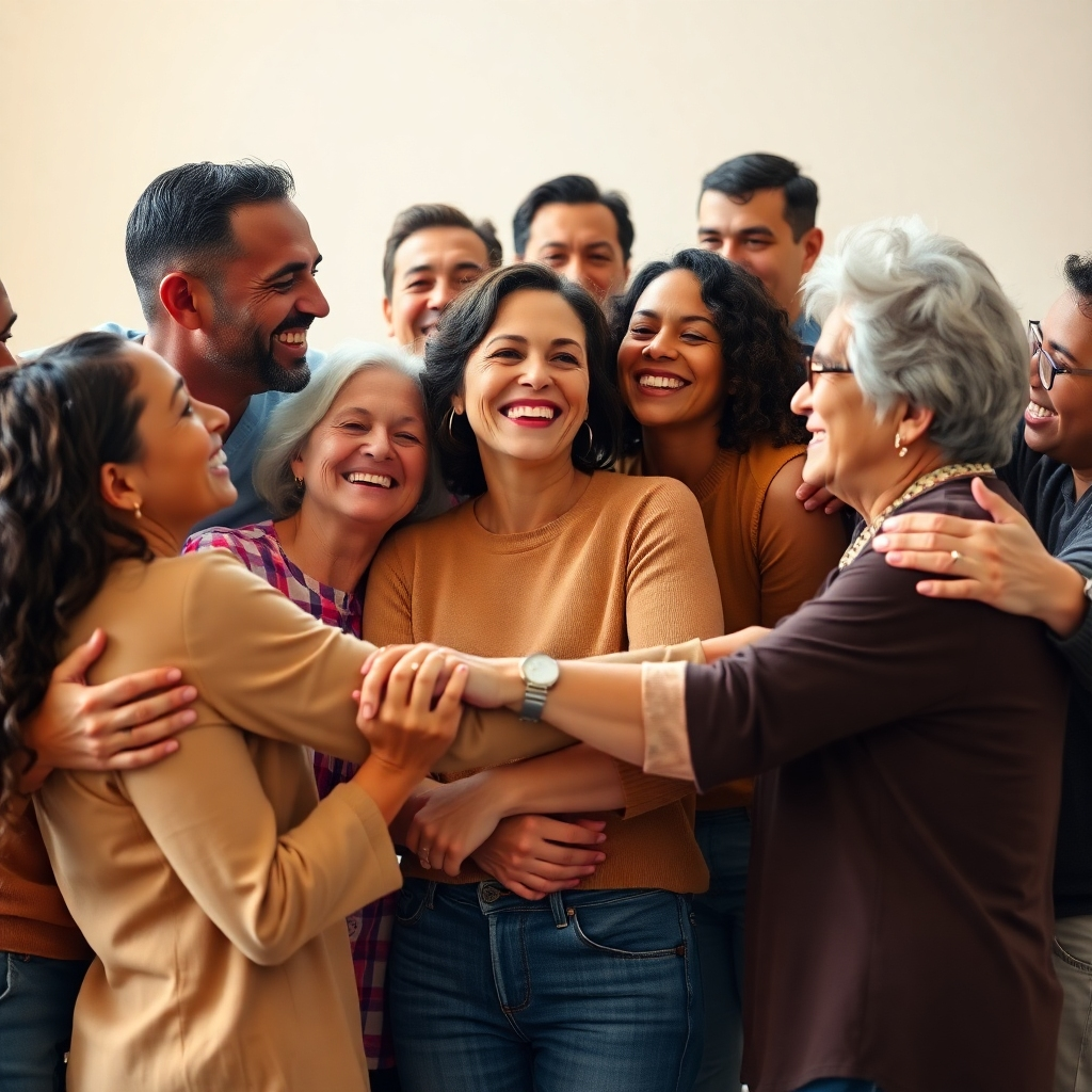 Imagen fotorrealista de un grupo diverso de personas de distintas edades y etnias, abrazándose y sonriéndose, transmitiendo un sentimiento de fuerte compañerismo y espíritu comunitario. La iluminación debe ser suave y cálida. Resolución 4K.