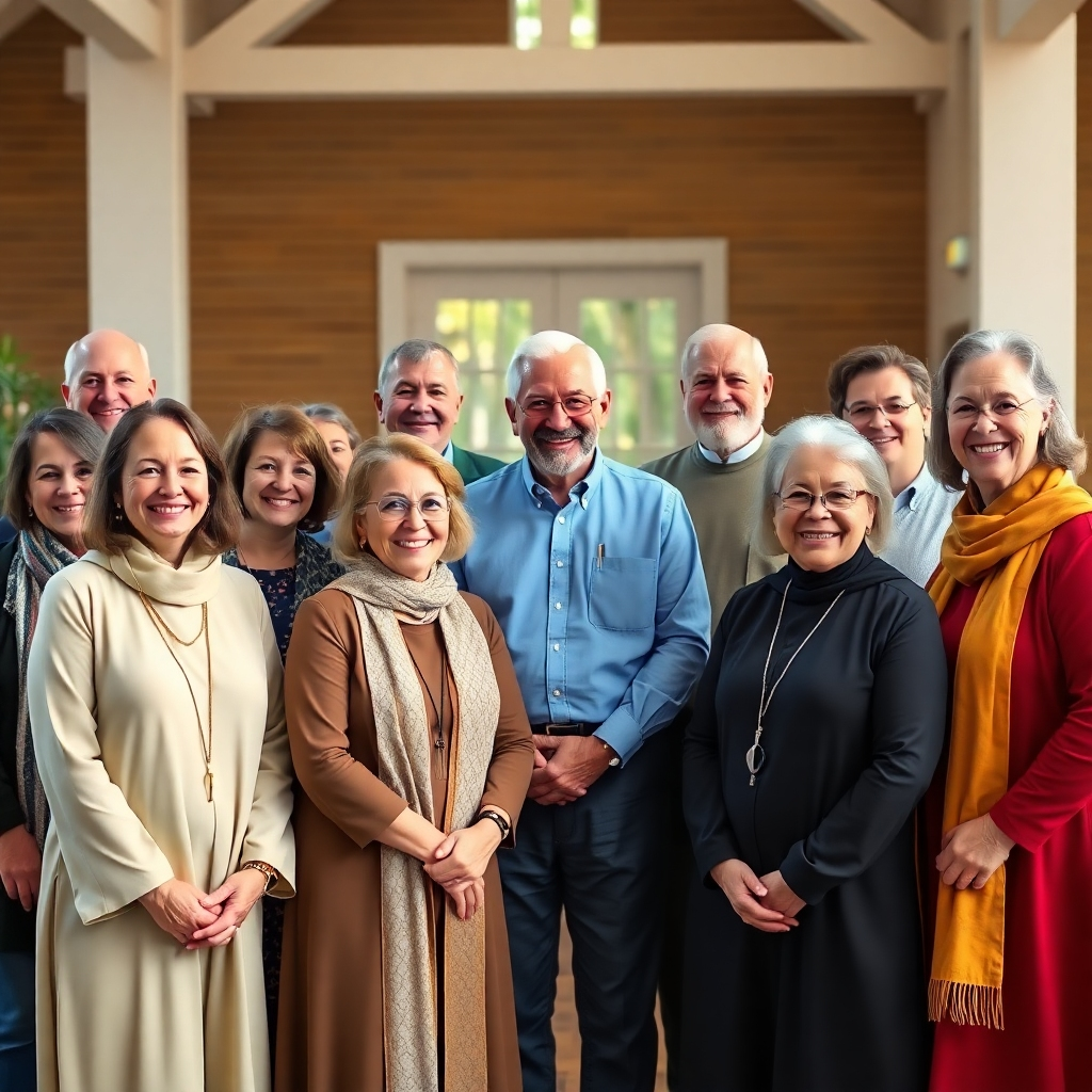 Imagen fotorrealista de un grupo de líderes religiosos sonrientes y diversos que posan juntos en un entorno agradable, como un salón de la iglesia o un jardín. Utilice iluminación natural y una paleta de colores que transmita calidez y amabilidad. Resolución 4K.