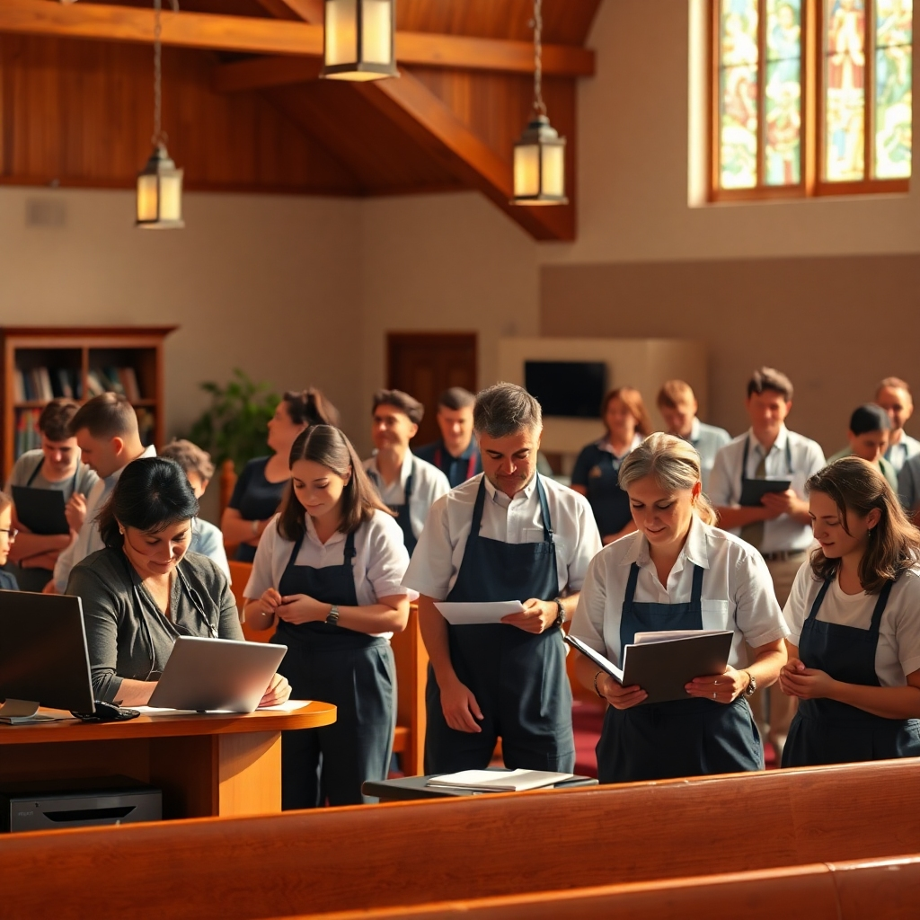 Imagen fotorrealista del personal de la iglesia, como secretarias, trabajadores de mantenimiento y voluntarios, trabajando juntos en varios aspectos de la iglesia. Utilice una paleta de colores cálida y acogedora e iluminación natural. Resolución 4K.