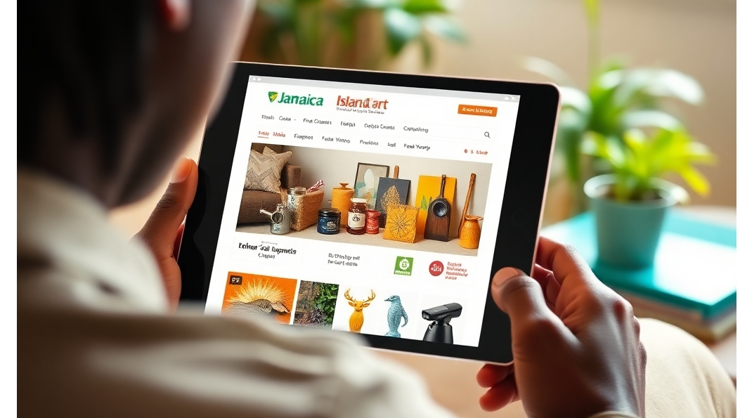 Create a photorealistic image of a person browsing the Island Cart Jamaica website on a tablet. The website should showcase a variety of colorful and appealing Jamaican products, such as spices, coffee, and artwork. The setting should be a comfortable and inviting living room with natural light streaming through the windows. Emphasize the user-friendliness of the website and the ease of online shopping. Camera angle should be a medium shot, focusing on the tablet screen and the person's hands. Technical specs: High-resolution, clear details.