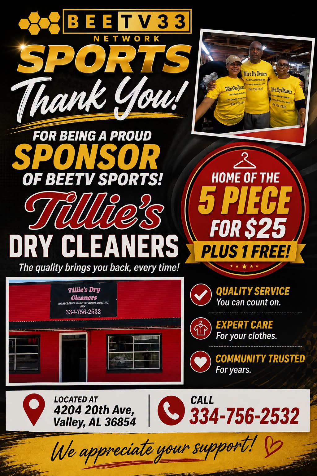Tillie's Dry Cleaners storefront and BEETV Sports sponsorship