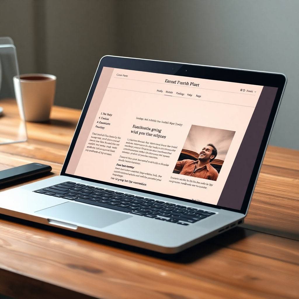 A 4K photorealistic image depicting a laptop open to a blog post with a high-quality photo. The photo should ideally be one of the blog topics. The style should be warm and friendly, using inviting colors and fonts. The lighting should be well-balanced, with a natural and soft feel. The textures should be varied, with a focus on the natural texture of the paper and the wooden desk.