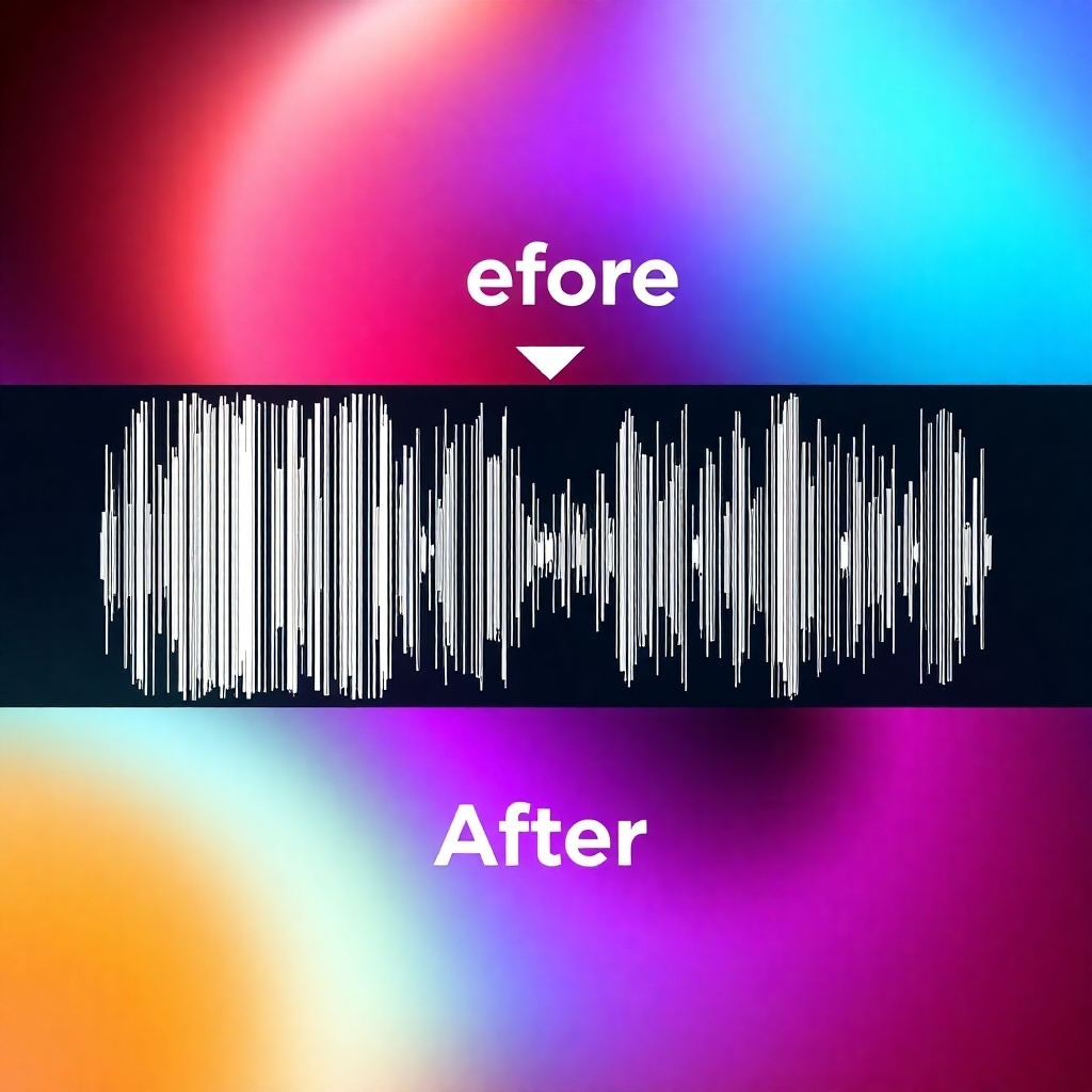 A before-and-after image showing a noisy audio waveform transforming into a clean one. Use a sleek, modern design with a vibrant color palette.