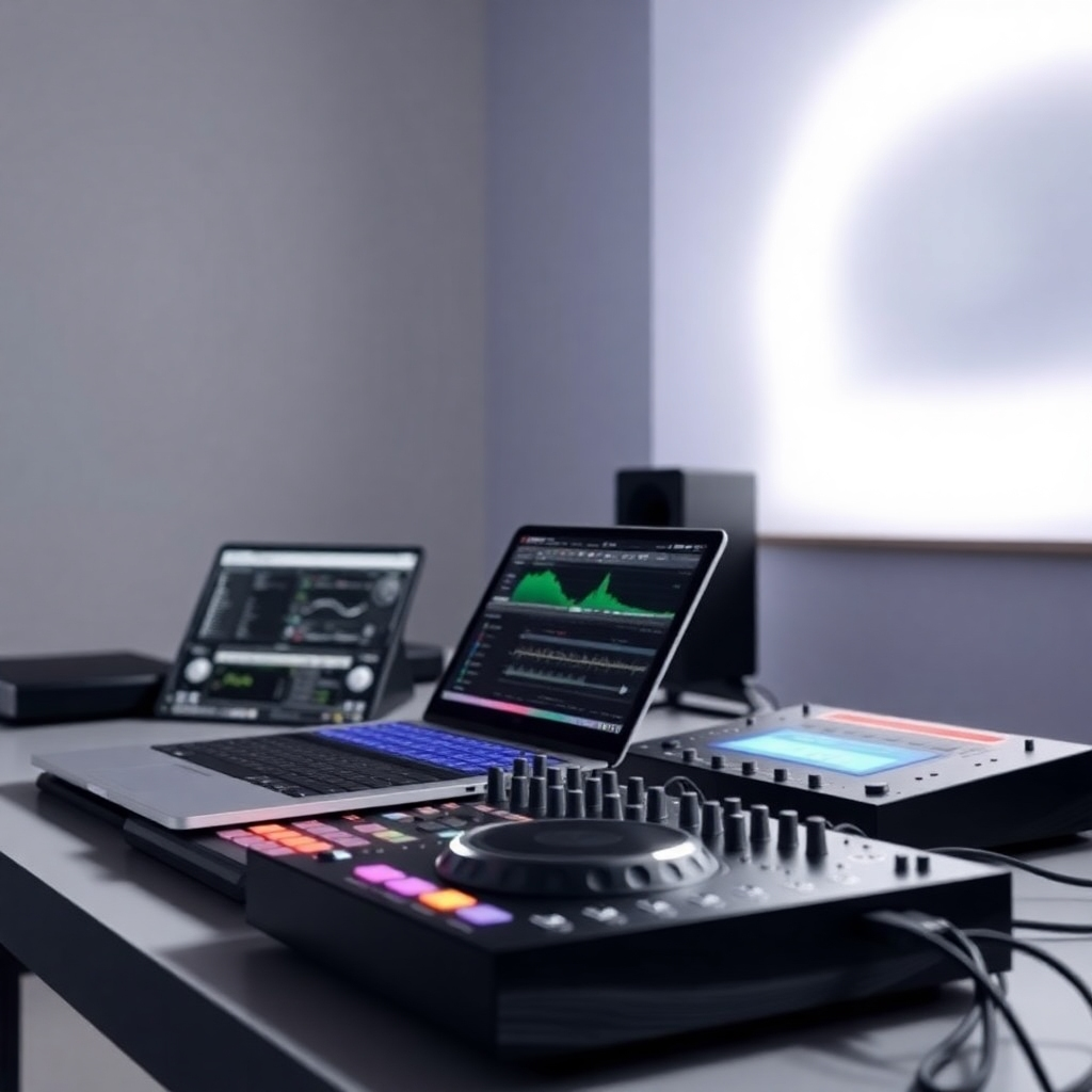 A beginner-friendly image depicting a clean DJ setup with basic equipment such as a laptop or controller. The lighting should be bright and clear, showing all elements clearly. The image must be realistic and high-quality