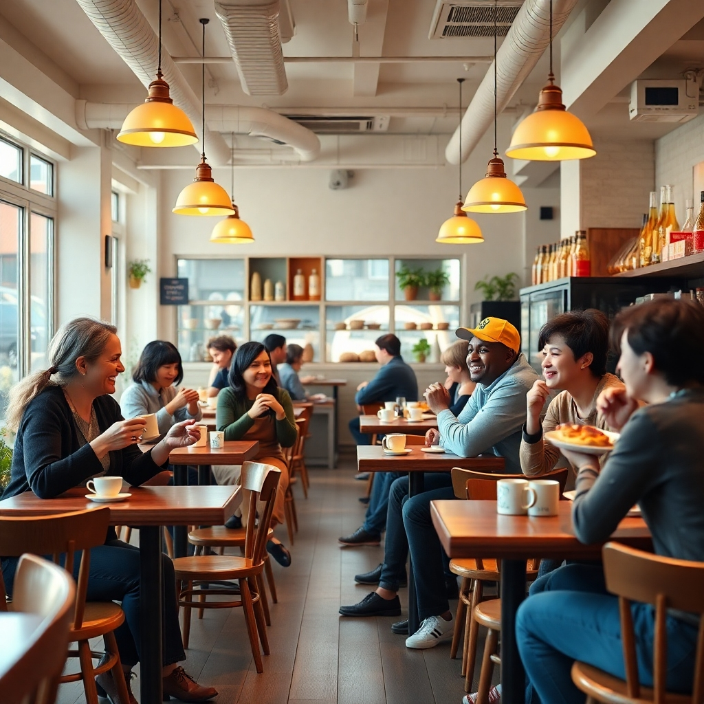 A bright and airy bakery interior with people of diverse ages and backgrounds enjoying pastries and coffee together; warm lighting, wooden tables and chairs, a friendly atmosphere; focus on the happy interactions between people; photorealistic style; 8k resolution