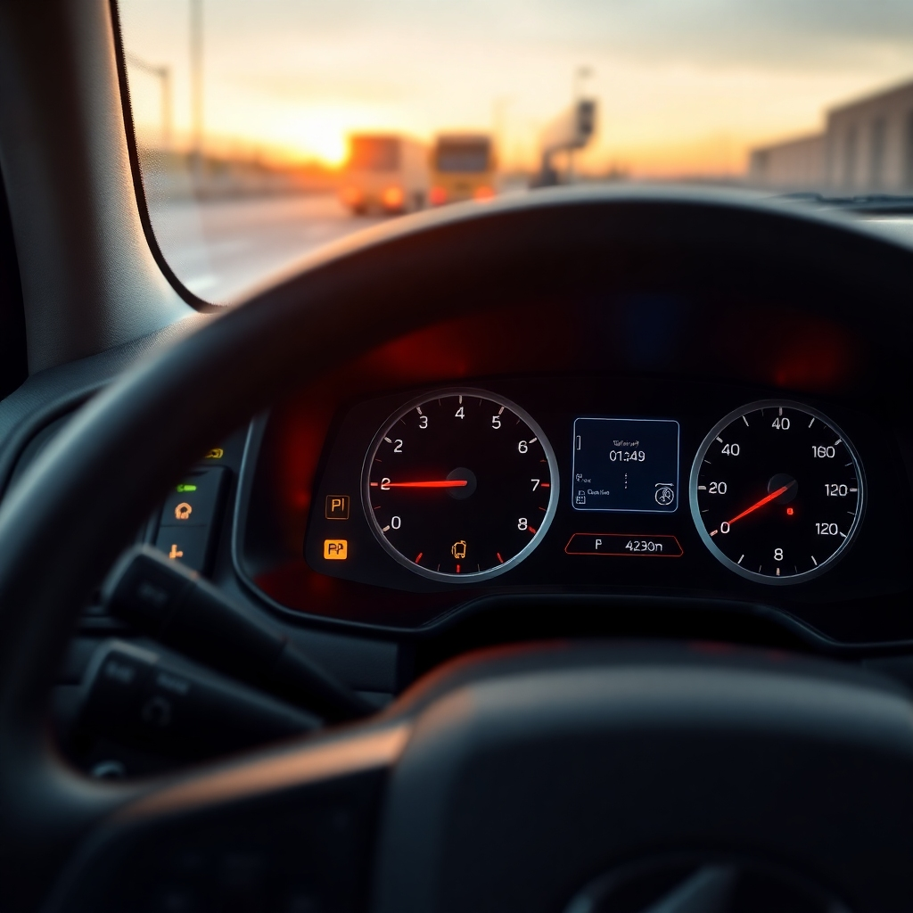 A close-up, photorealistic image of a modern truck's dashboard, highlighting advanced safety features such as a lane departure warning system, adaptive cruise control, and blind-spot monitoring. The image should clearly display the indicators and controls for these safety features, emphasizing their technological sophistication and ease of use.