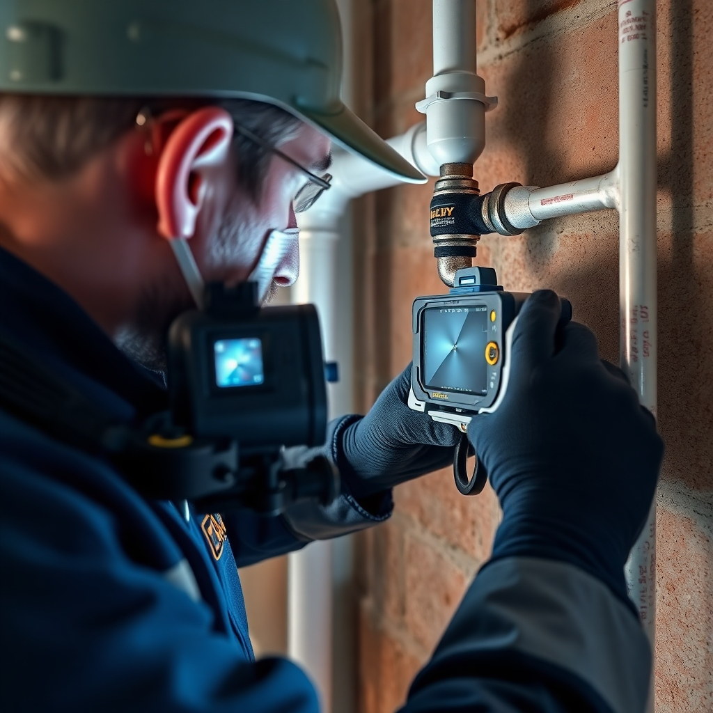 A close-up photorealistic image of a plumber using a high-tech inspection camera to examine pipes within a residential wall, highlighting the internal condition of the pipes.  The image should be well-lit, sharp, and showcase the advanced technology used for preventative maintenance. The image should emphasize the detail of the pipework and any potential issues.