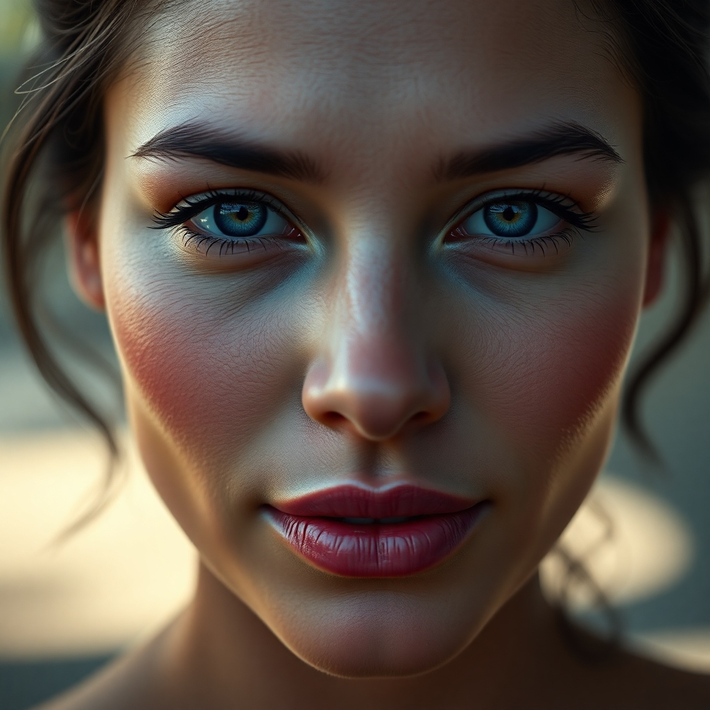 A close-up photorealistic image of a woman's face with glowing, hydrated skin.  The skin is smooth, with a natural, healthy sheen.  Soft, natural light illuminates the face. The background is blurred and out of focus, emphasizing the woman's skin.