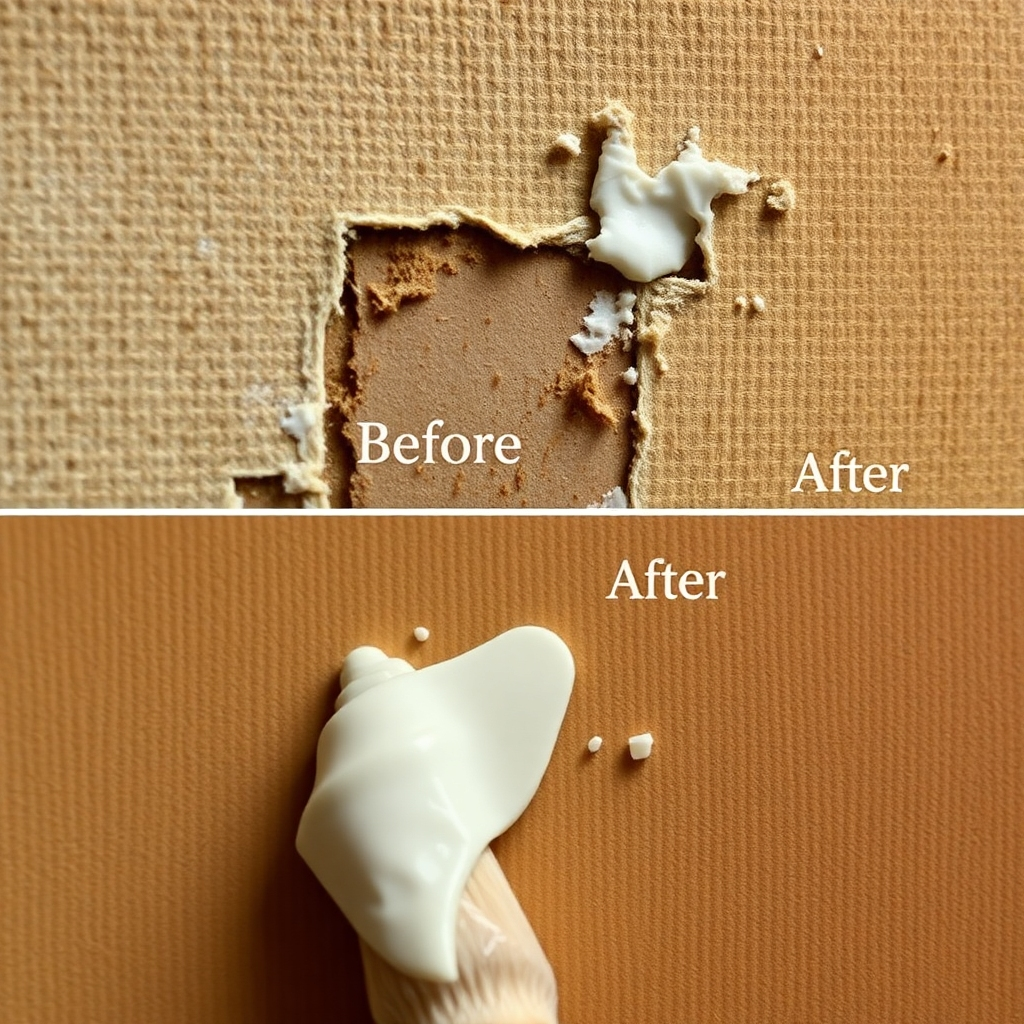 A close-up photorealistic image showing a damaged canvas painting undergoing restoration.  Focus on the texture of the canvas and the careful application of restoration materials. Show before and after, emphasizing the restoration's success. Lighting should be soft, highlighting the detail of the restoration work.  The color palette should be warm and earthy, complementing the painting's colors.