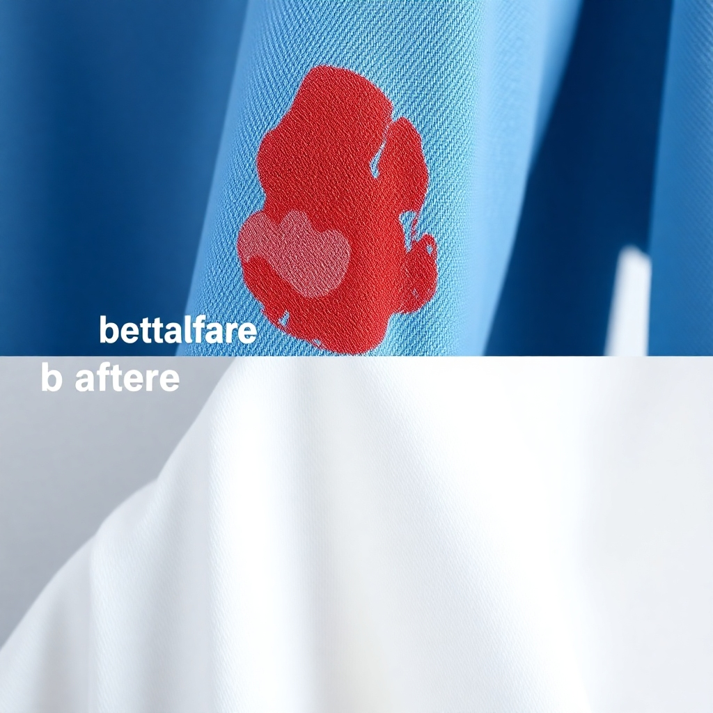 A close-up photorealistic image showcasing a before-and-after comparison of a stained garment. The 'before' image shows a noticeable stain, while the 'after' image reveals the stain completely removed, with the fabric looking pristine and fresh.  The background should be clean and simple, with soft, natural light. High definition and sharp focus are essential.