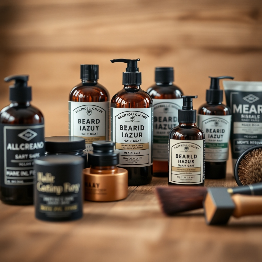 A close-up photorealistic shot of various high-quality men’s hair and beard care products neatly displayed on a wooden surface, with a focus on texture and detail. The lighting should be natural and well-distributed, highlighting the product labels and packaging.  The overall feeling should be one of quality and luxury.  The color palette should be muted and natural, focusing on earth tones.