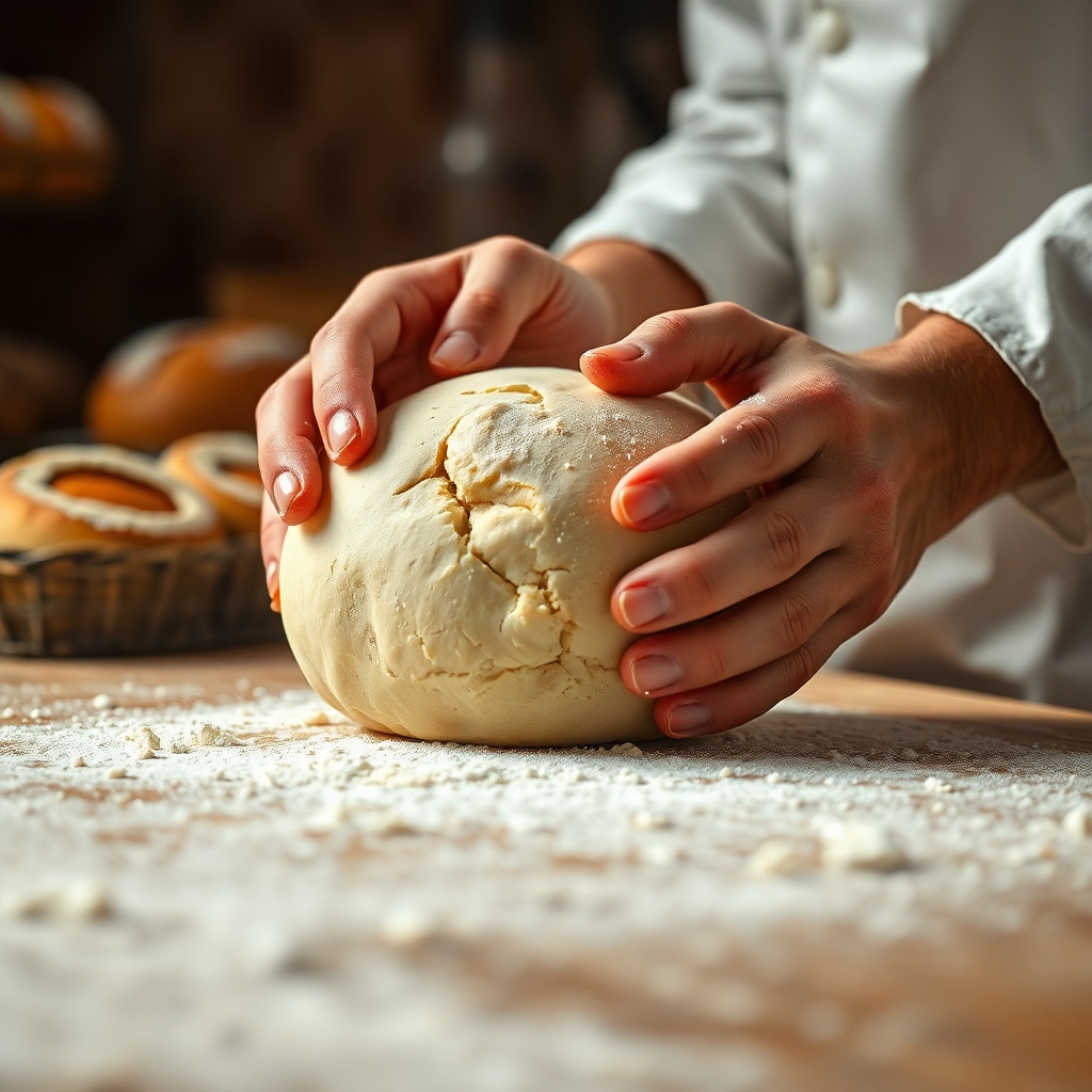 A close-up shot of a baker's hands expertly shaping a sourdough bread dough, highlighting the texture and rustic appeal. The background should be a warm, rustic bakery setting with flour dusting the counter and other artisan breads in the background.  The lighting should be soft and natural, emphasizing the details of the dough and the baker's hands. The overall style should be photorealistic and inviting, evoking a feeling of warmth and craftsmanship.