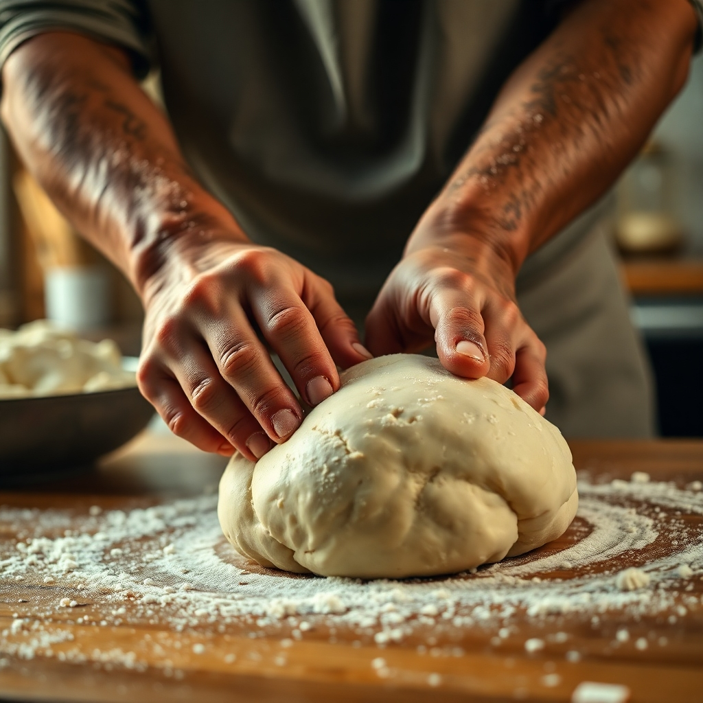 A close-up shot of a baker's hands kneading dough, showcasing the texture and effort; warm, rustic kitchen setting with flour dusting the counter; focus on the hands and dough, with soft, natural lighting; photorealistic style; 8k resolution