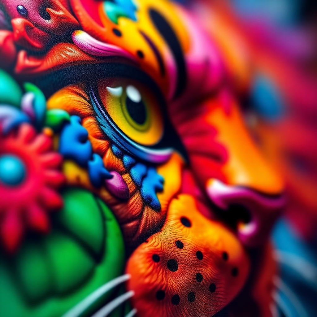 A close-up shot of a high-resolution UV-printed image showcasing vibrant colors and incredibly sharp details. The image should feature a variety of colors and intricate patterns to highlight the print quality. The background should be blurred to emphasize the print's details. Focus on capturing the depth and vibrancy of the colors, showing a high level of detail and sharpness.  The image should look photorealistic and professionally printed.