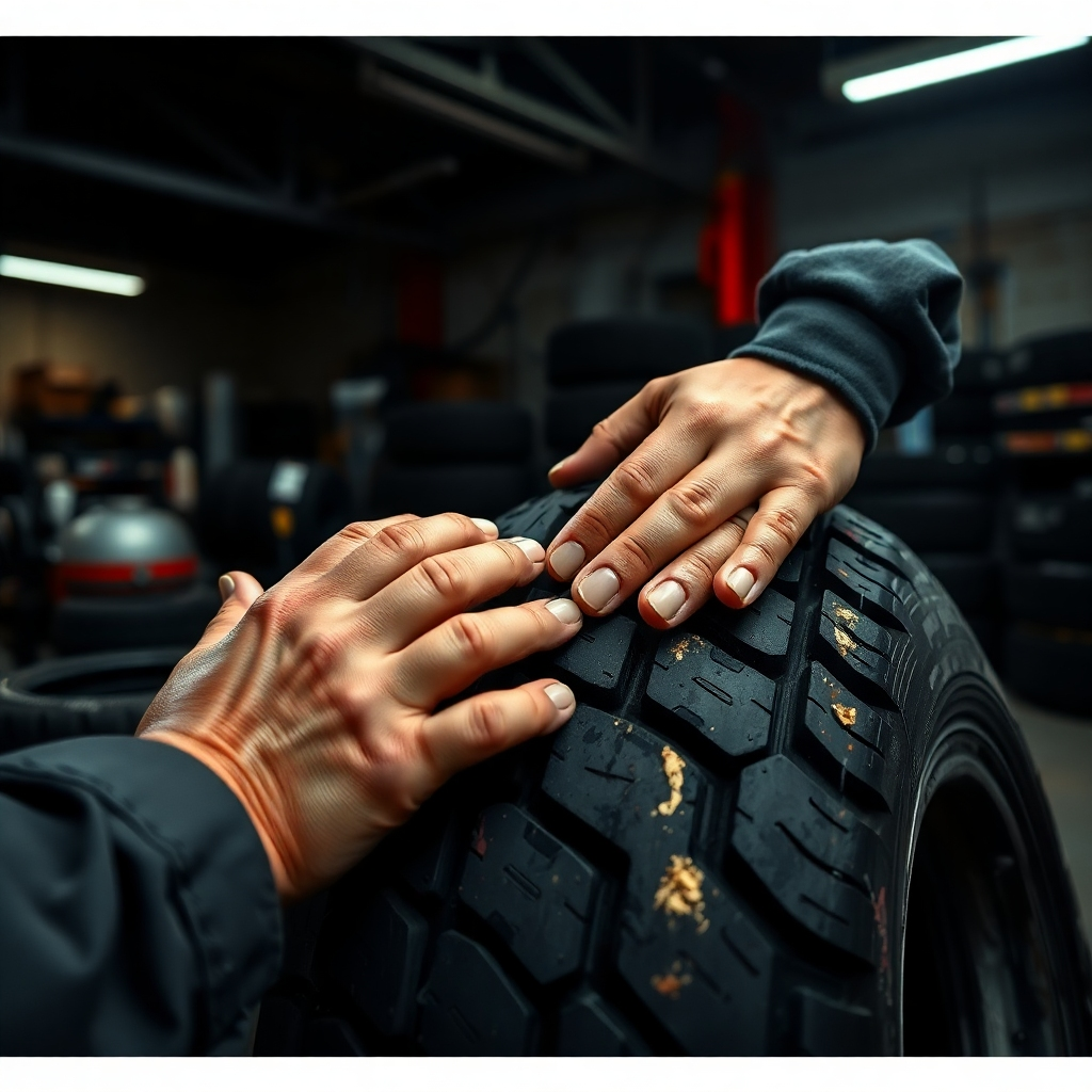 A close-up shot of a mechanic's hands carefully inspecting a used tire, with various tools and a well-lit tire shop in the background. High-resolution, photorealistic image with attention to detail.