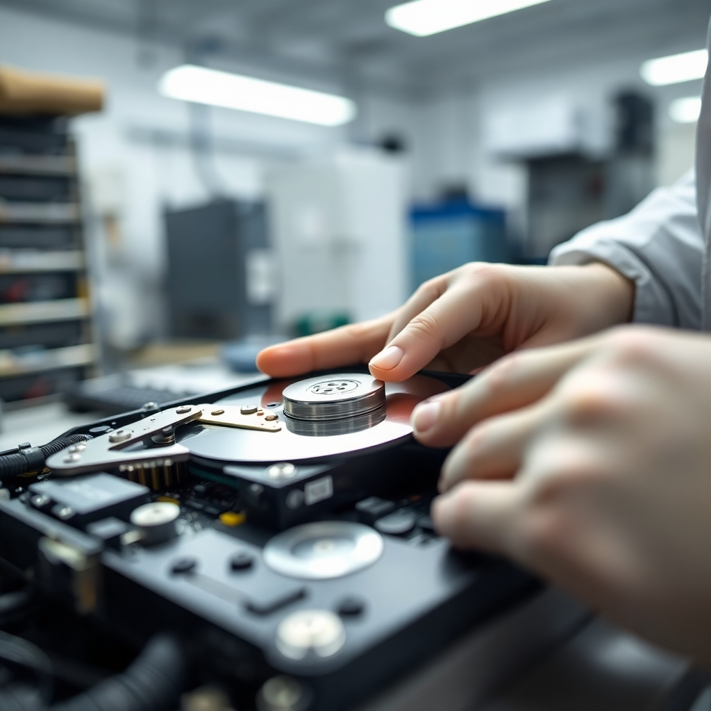A close-up shot of a technician's hands carefully working on a computer hard drive in a clean, well-lit repair shop.  The hard drive should be partially disassembled, revealing intricate internal components. The background should be blurred, focusing attention on the detail of the data recovery process.  The image should evoke a sense of precision and care.