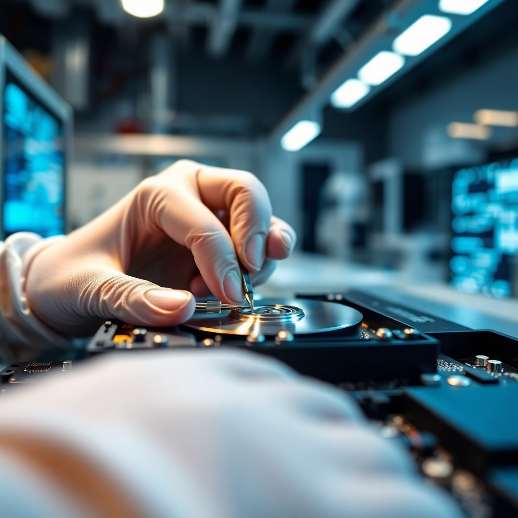 A close-up shot of a technician's hands carefully working on a computer hard drive inside a clean room, using specialized tools under bright lighting. The background should be blurred, focusing on the precision of the work and the technical nature of data recovery.  The image should convey a sense of care and expertise.