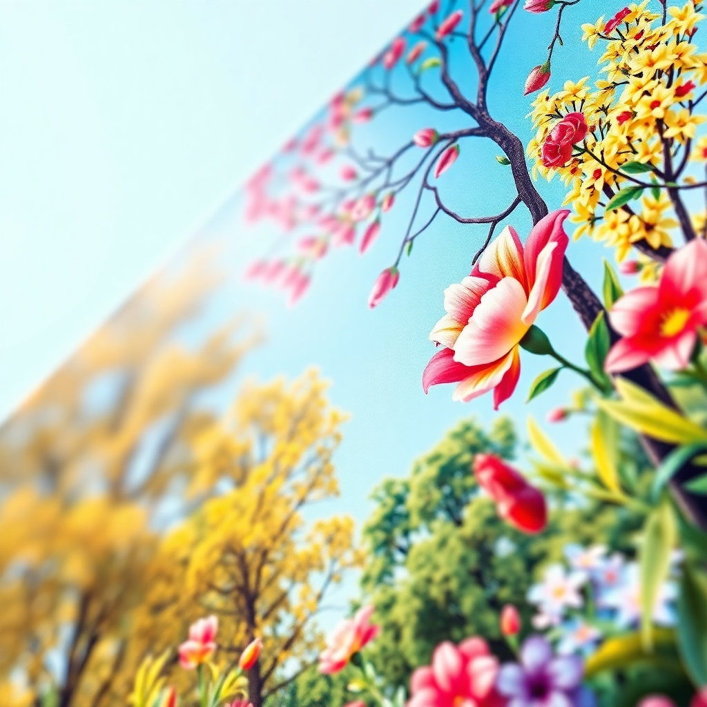 A close-up shot of a vibrant, colorful banner with intricate details, showcasing the sharp lines and rich color saturation achieved through high-quality UV printing. The background should be blurred to emphasize the banner's details.  The lighting should be bright and even, highlighting the vibrancy of the colors.  The banner should depict a nature scene, with flowers, trees, and a clear blue sky, to showcase the full range of color reproduction.