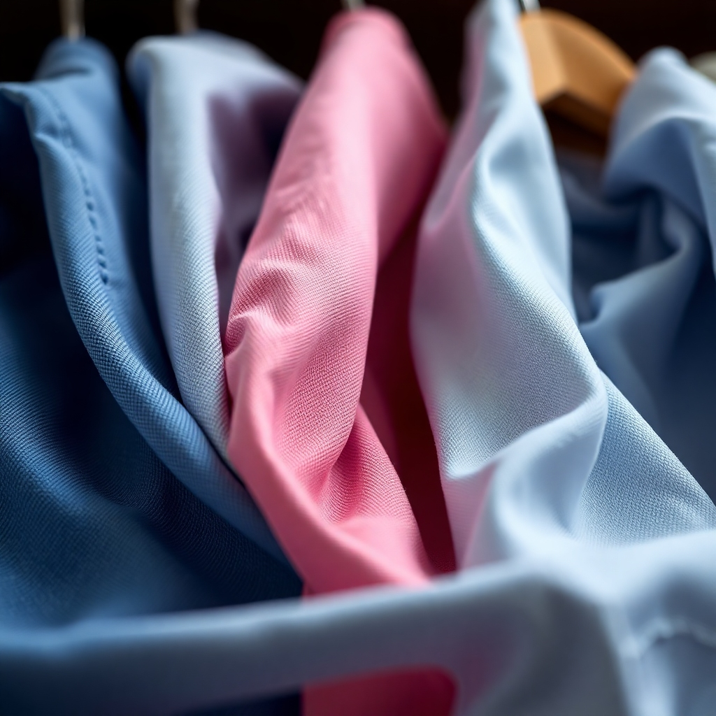 A close-up shot of pristine, freshly laundered clothing, with a subtle Norman's Four Seasons Cleaners logo in the background. The clothing should be wrinkle-free and impeccably clean, showcasing vibrant colors and textures. The lighting should be soft and natural, highlighting the quality of the fabrics.