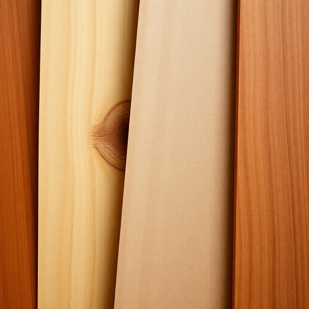 A close-up shot of several types of wood—oak, pine, mahogany—each with its unique grain and texture highlighted by soft lighting. The composition should clearly showcase the differences in color, pattern, and grain.