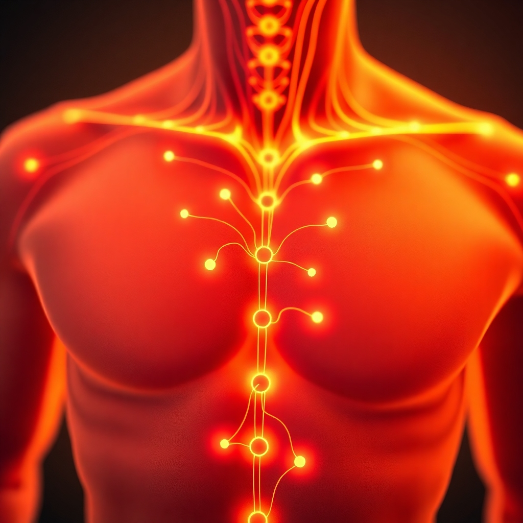 A close-up, stylized image showing the flow of energy in the body, visualized as vibrant lines connecting different acupuncture points.  Use a warm color palette, with a focus on movement and energy flow.  High-resolution image with detailed textures and smooth gradients. The style could be inspired by anatomical diagrams with an artistic approach, highlighting the energy meridians.