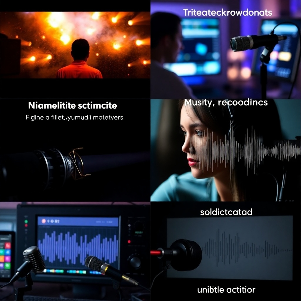 A collage image showcasing various examples of audio editing applications, such as a film scene with impactful sound effects, a music recording with enhanced vocals, and a podcast with crisp, clear audio.