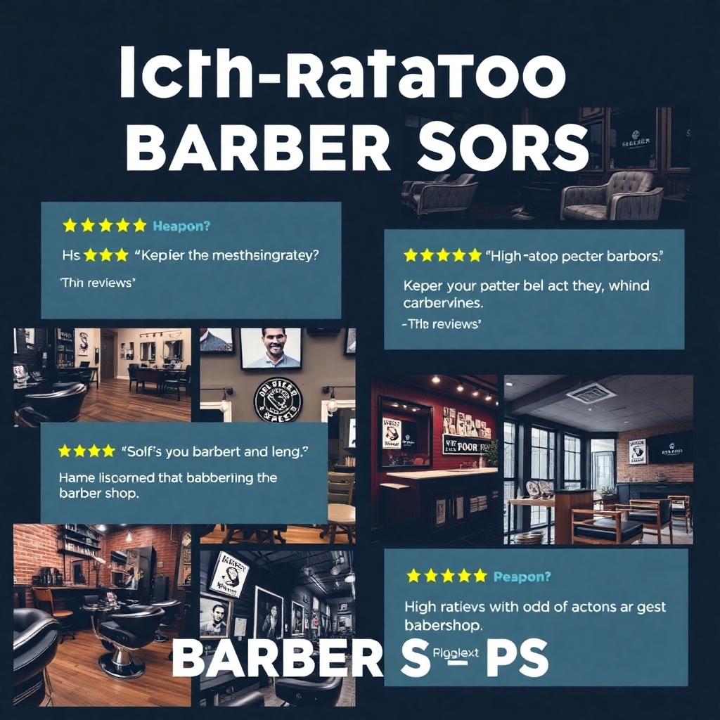 A collage-style image showcasing various high-rated barber shops, each with a unique style and atmosphere, highlighting positive reviews and testimonials within the collage elements. The design should be clean and modern, using a consistent color palette and font.