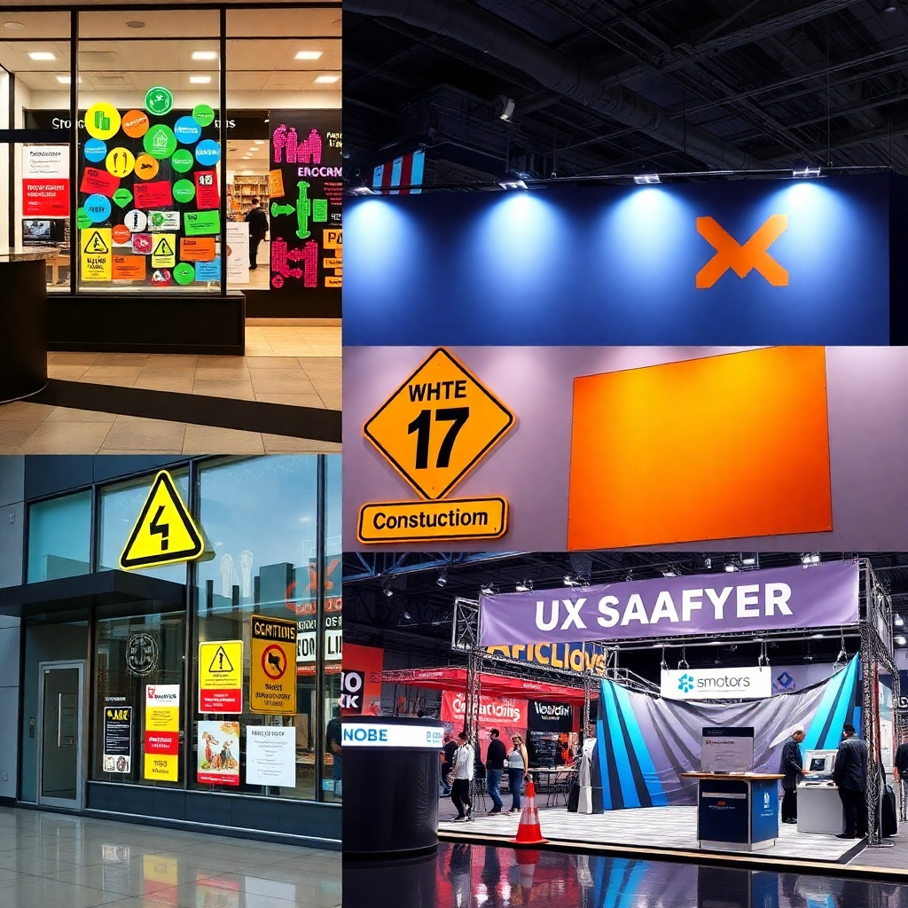 A composite image showcasing diverse applications of high-quality UV printed banners, signs, and decals across various settings. One section could show a retail store with vibrant window decals, another a construction site with safety signs, and a third a trade show booth with a large, eye-catching banner.  The image should highlight the versatility and adaptability of the printing across different contexts, and the high quality should be consistent throughout.