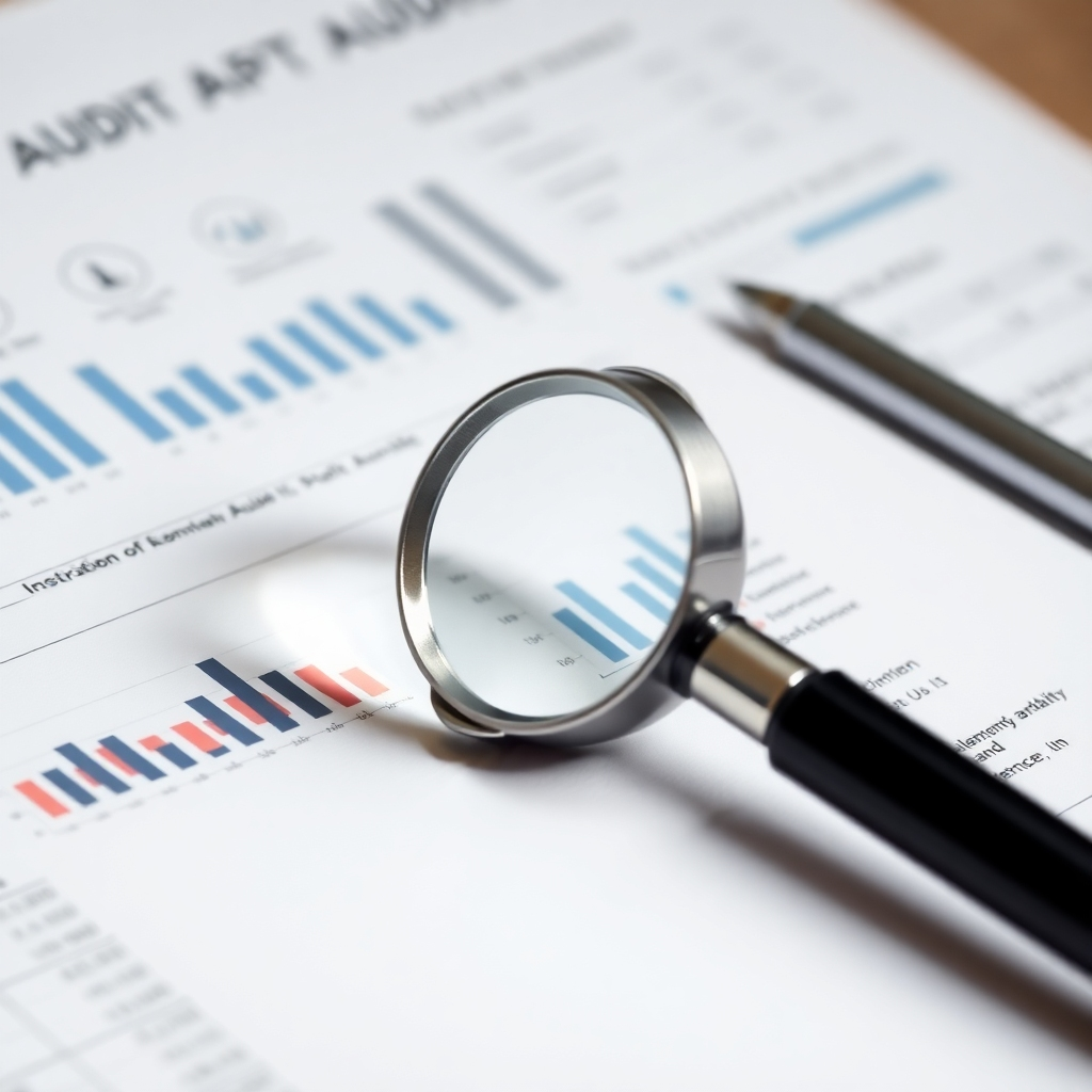 A conceptual image depicting a magnifying glass over financial documents with subtle highlighting of key data points.  Use a style that is simultaneously detailed and professional.  The image should suggest precision, accuracy, and trustworthiness, reflecting the key elements of an audit.