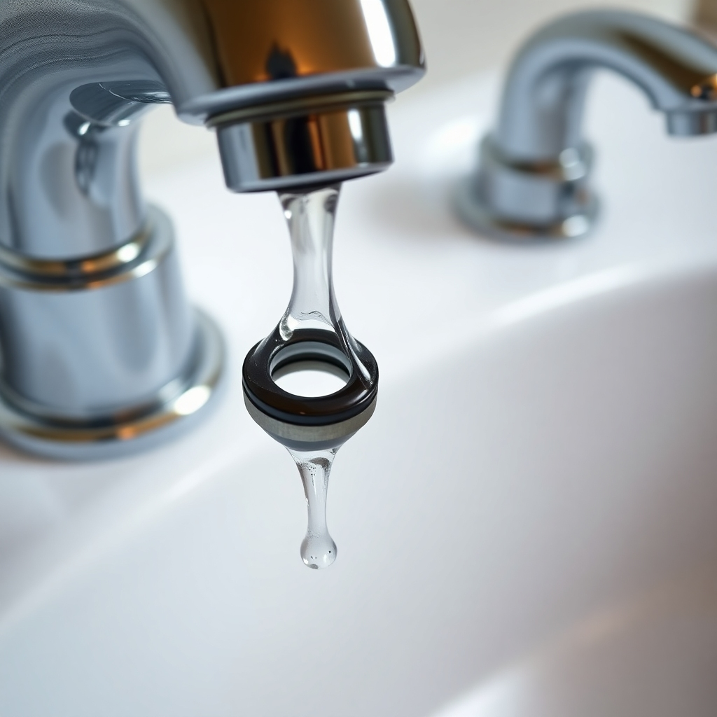 A detailed, close-up photorealistic image of a dripping faucet, with water droplets clearly visible.  Show the faucet disassembled, highlighting the worn-out O-ring or washer as the source of the leak. The background should be a clean, white bathroom sink with polished chrome fixtures.