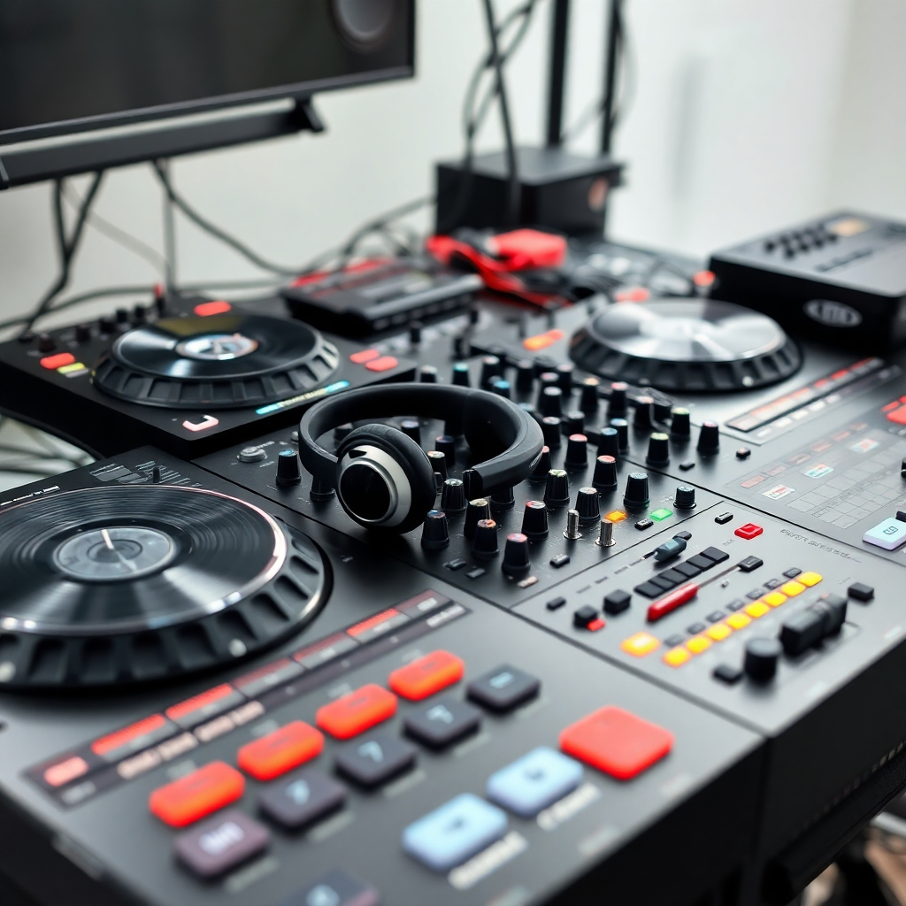  A detailed, high-resolution photo of a professional DJ setup. Include various elements such as professional turntables, controllers, mixers, and headphones. This is a stylistic still life, emphasizing technical details. The lighting should be clear and bright, evenly illuminating all parts of the setup. The image should appear clean and sharp and use a neutral color palette to emphasize the precision of the equipment