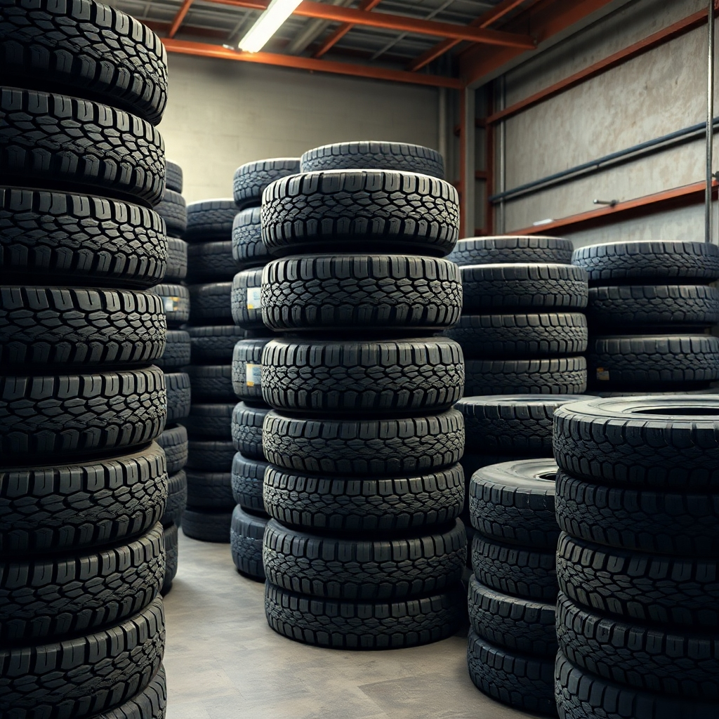 A diverse collection of used tires neatly arranged in stacks at a tire shop. The image should showcase different sizes and tread patterns, with bright lighting highlighting the tires' condition. Photorealistic style.