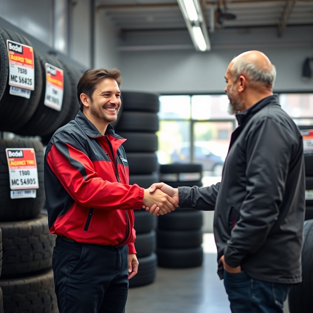 A happy customer shaking hands with a tire shop employee in front of a display showing various used tires with price tags highlighting their affordability.  Bright, friendly atmosphere. Photorealistic image.