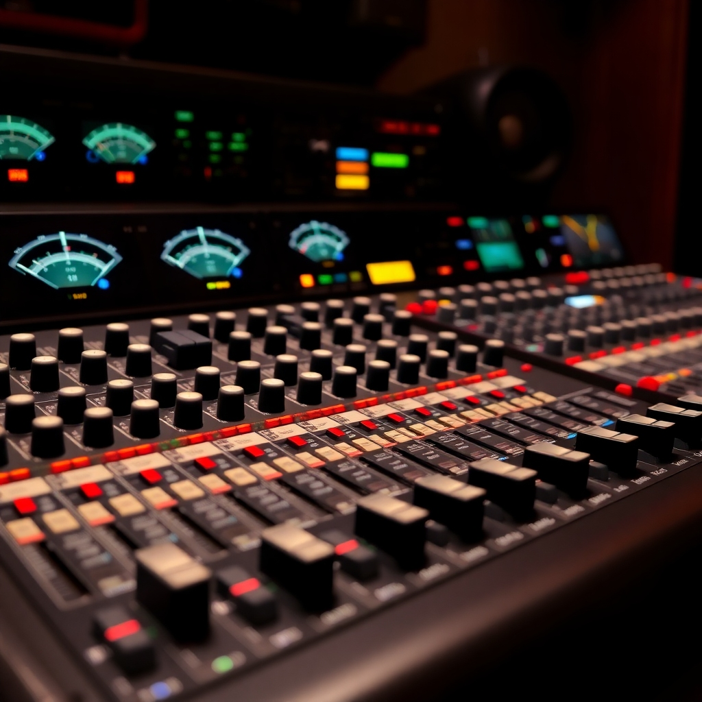 A high-quality image of a sophisticated audio mixing console with various knobs, faders, and meters, all displaying dynamic readings. The image should convey a sense of control and precision.