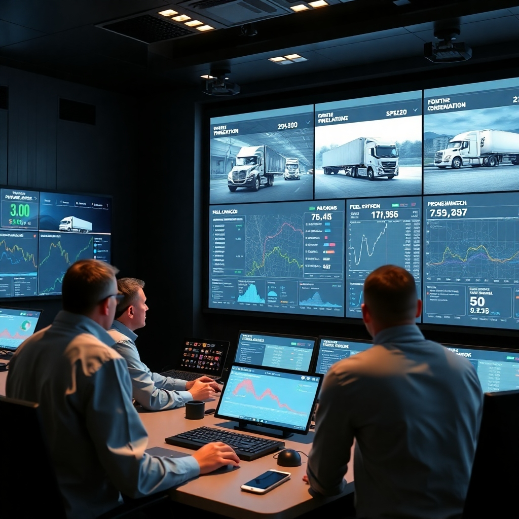 A high-resolution image depicting a control room with large screens displaying real-time data on multiple trucks, their routes, speeds, and fuel consumption. The room should be modern and technologically advanced, with multiple technicians monitoring the data and interacting with the system. The focus should be on the clear visualization of data and the technological sophistication.