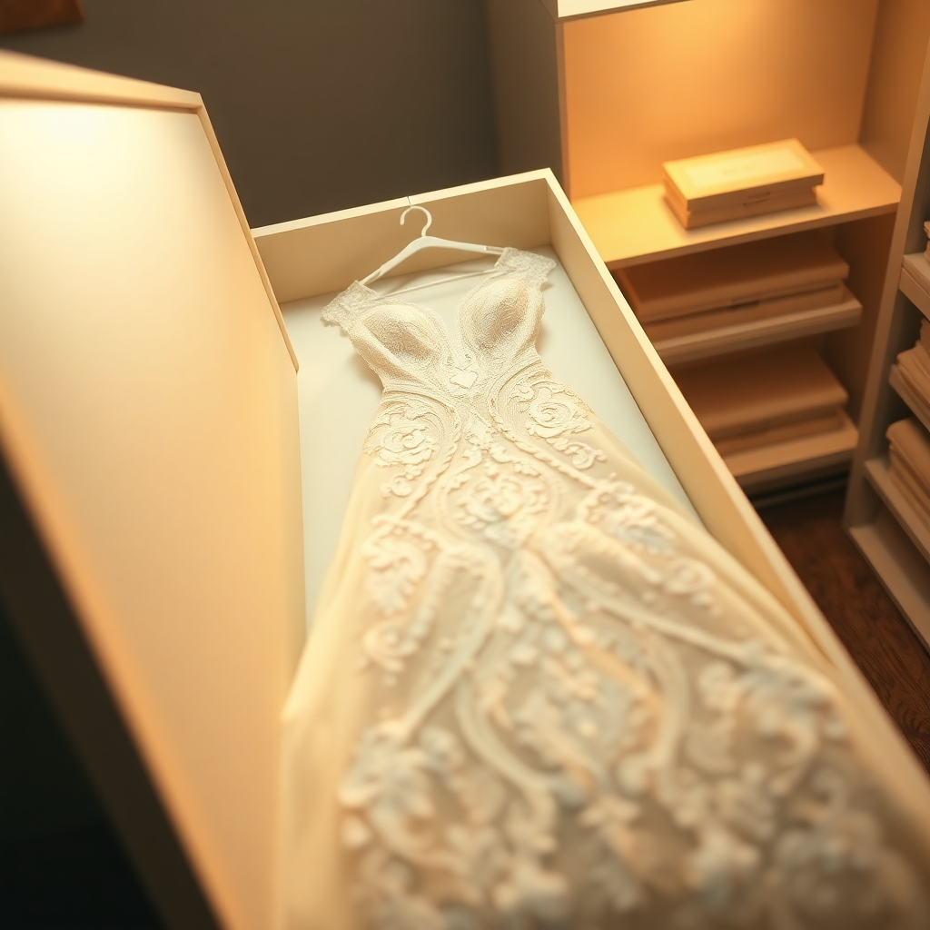 A hyperrealistic image (8K resolution) of a pristine white wedding gown, delicately displayed in an acid-free archival box within a climate-controlled room in Norman's Four Seasons Cleaners. The scene is softly lit, with warm, ambient lighting creating a gentle glow on the gown. The color palette is pure white and ivory, with subtle hints of warmth from the lighting. The camera perspective is a high-angle shot, looking down at the box, emphasizing the gown's delicate lace and intricate beading. The box is carefully labeled, indicating the gown's preservation details. The surrounding environment should subtly suggest meticulous organization, clean lines, and a professional environment reflective of expertise and care. The overall mood should be one of reverence and preservation.  The image should be styled similar to an advertisement for a high-end jewelry store, showcasing the delicate nature of the work. The textures of the lace and beads must be exceptionally detailed, conveying the gown's immaculate condition. Use a depth of field to draw the viewer's eye to the gown, creating a sense of peaceful and careful preservation.