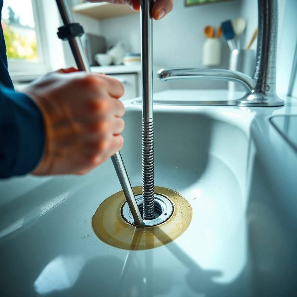 A hyperrealistic image, 8K resolution, showing a plumber using a drain cleaning auger to clear a clogged kitchen sink drain. The lighting is bright and natural, casting subtle shadows to emphasize the texture and form of the tools and the sink.  The color palette is dominated by cool blues and greens, with warm accents from the metallic tools. The camera angle is from a slightly low perspective, looking up at the plumber's hands as they work. The focus is sharp on the auger entering the drain, with a shallow depth of field softening the background. The materials should appear highly detailed: the shiny metal of the auger, the ceramic of the sink, the slightly dirty water in the sink basin. The background includes a partially visible stainless steel dishwasher and a countertop with neatly arranged kitchen utensils. The overall mood is one of efficiency and precision.  The style is realistic and clean, similar to professional plumbing service advertisements.  The image must be ultra-detailed and hyperrealistic, with textures and reflections rendered perfectly.