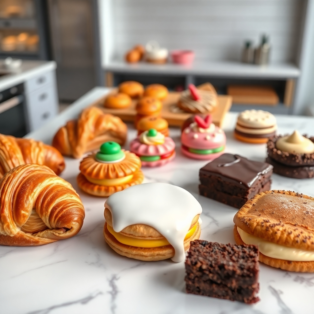 A hyperrealistic image, in ultra-high definition 8k resolution, of an assortment of pastries and sweets artfully arranged on a white marble countertop. The pastries include delicate croissants with visible layers, flaky pain au chocolat, colorful macarons, rich chocolate brownies, and creamy éclairs.  The lighting is soft and diffused, creating subtle highlights and shadows that accentuate the textures of each item.  The camera angle is a close-up, almost overhead shot, emphasizing the details of each pastry.  The style is inspired by the clean and minimalist aesthetic of contemporary food photography. The overall color palette is vibrant and appealing, with rich browns, golden yellows, and pops of bright colors from fruits and glazes. The background is a softly blurred view of a modern, minimalist bakery kitchen.  Focus on detailed textures: the crisp layers of the croissants, the glossy glaze on the éclairs, the delicate shells of the macarons, and the crumbly texture of the brownies. The scene should evoke a feeling of sophistication and deliciousness, emphasizing the freshness and high quality of the pastries.  The image should be visually captivating and aesthetically pleasing, making each pastry look incredibly appealing.